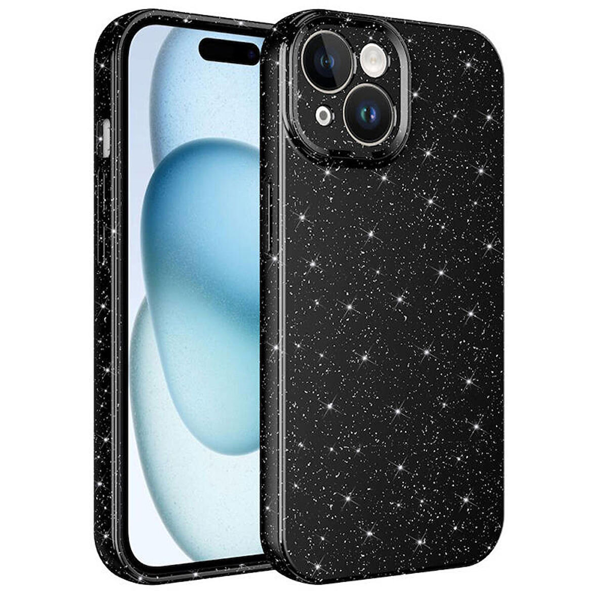 Apple iPhone 15 Kılıf Kamera Korumalı Simli Lüks Koton Kapak