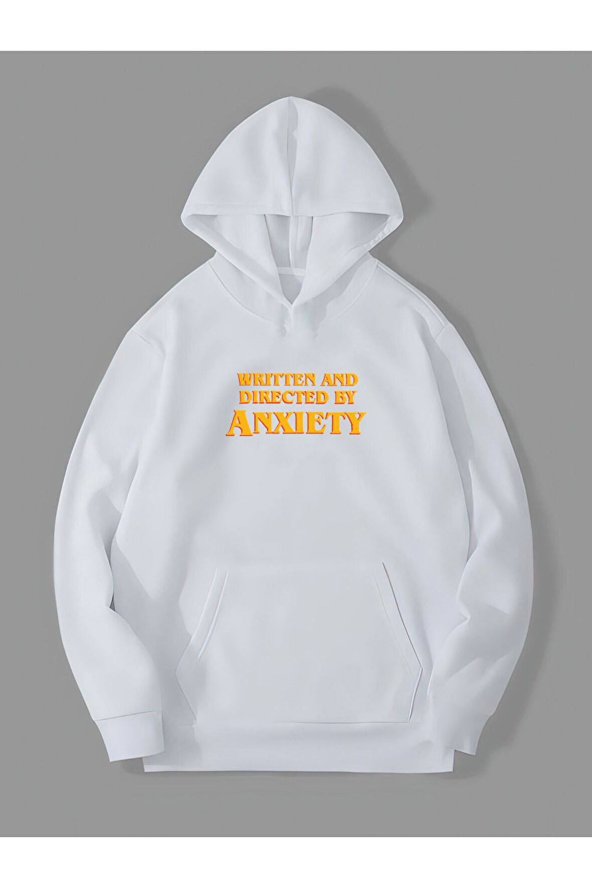 3 İplik Anksiyete Baskılı Beyaz Kanguru Cepli Kapüşonlu Sweatshirt Hoodie | L