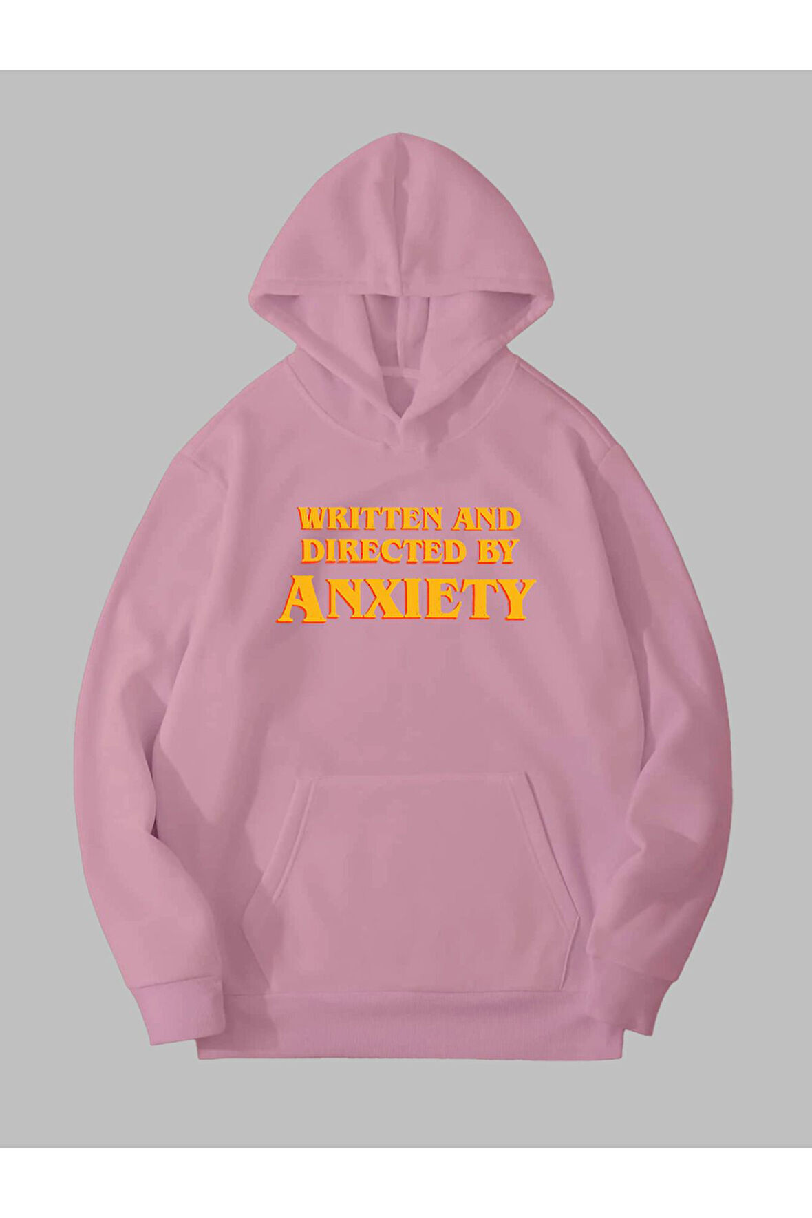 Üç İplik Anksiyete Baskılı Unisex Pembe Kanguru Cepli Kapüşonlu Sweatshirt Hoodie | XL