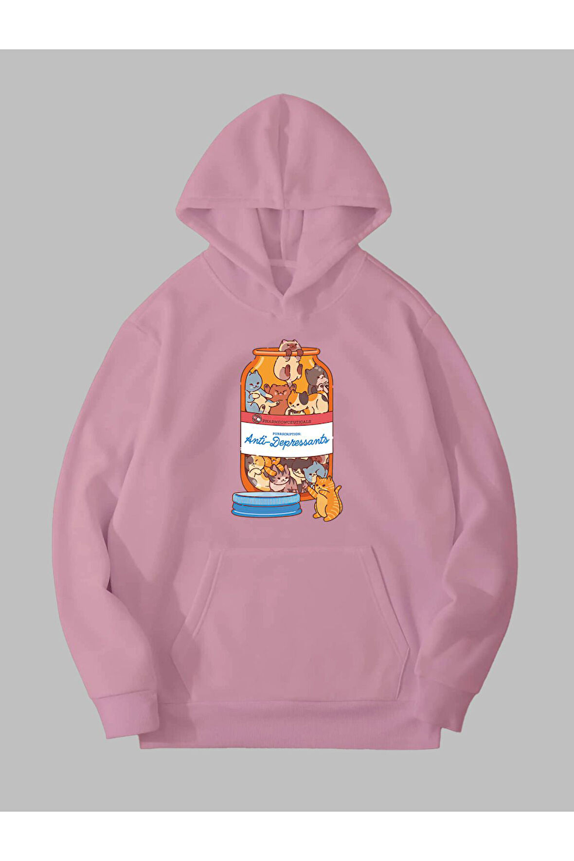 Üç İplik Antidepresan Kedi Baskılı Unisex Pembe Kanguru Cepli Kapüşonlu Sweatshirt Hoodie | M