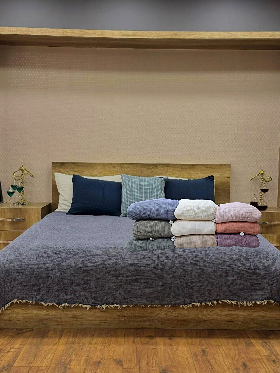 Antrasit Renk 7 Katlı Çift Taraflı Dolgulu Çift Kişilik Müslin Battaniye %100 Pamuk 230x240 cm