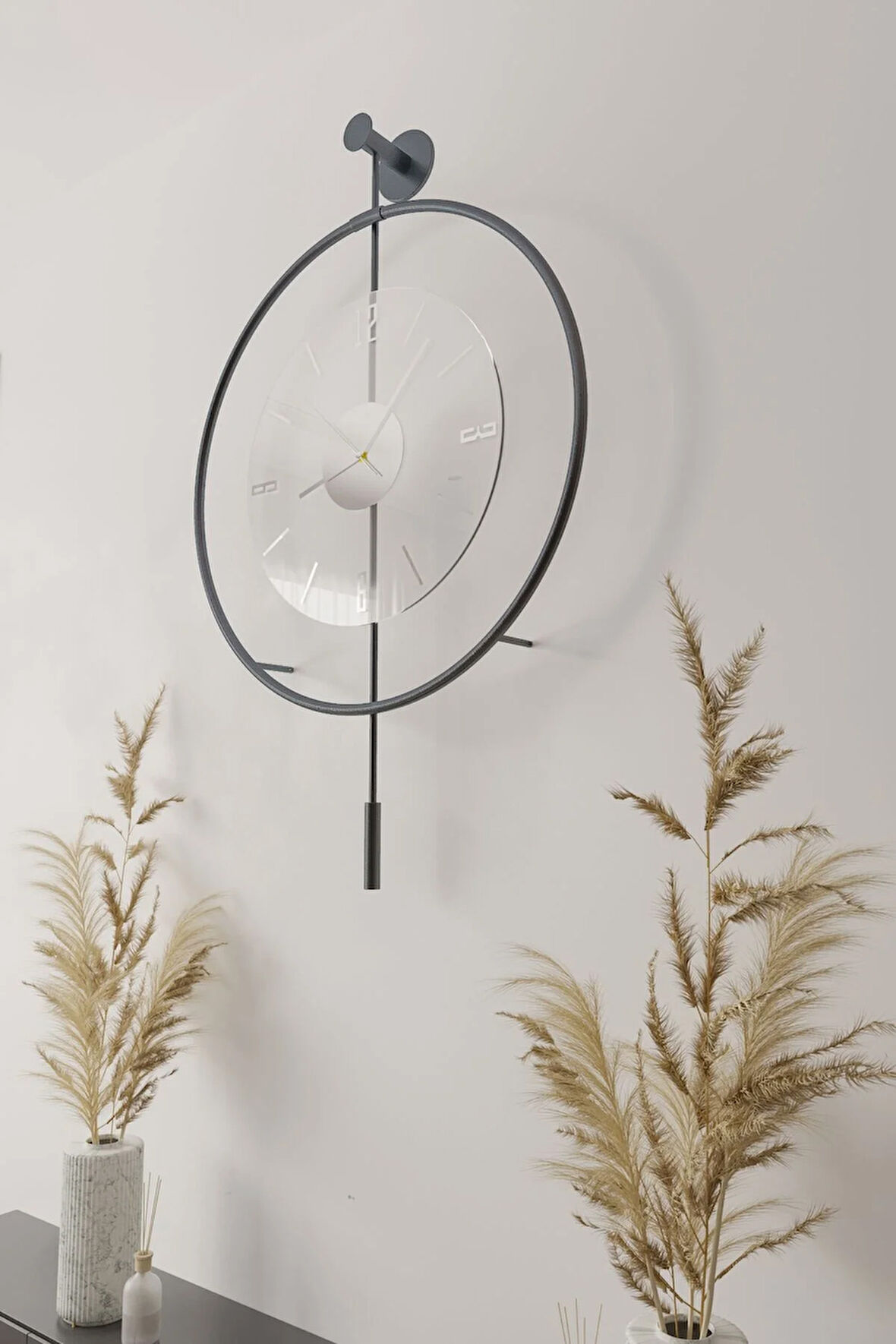 Büyük Boy Antrasit Luxry Şefaf Cam Metal Dekoratif Camlı Lüx Duvar Saati