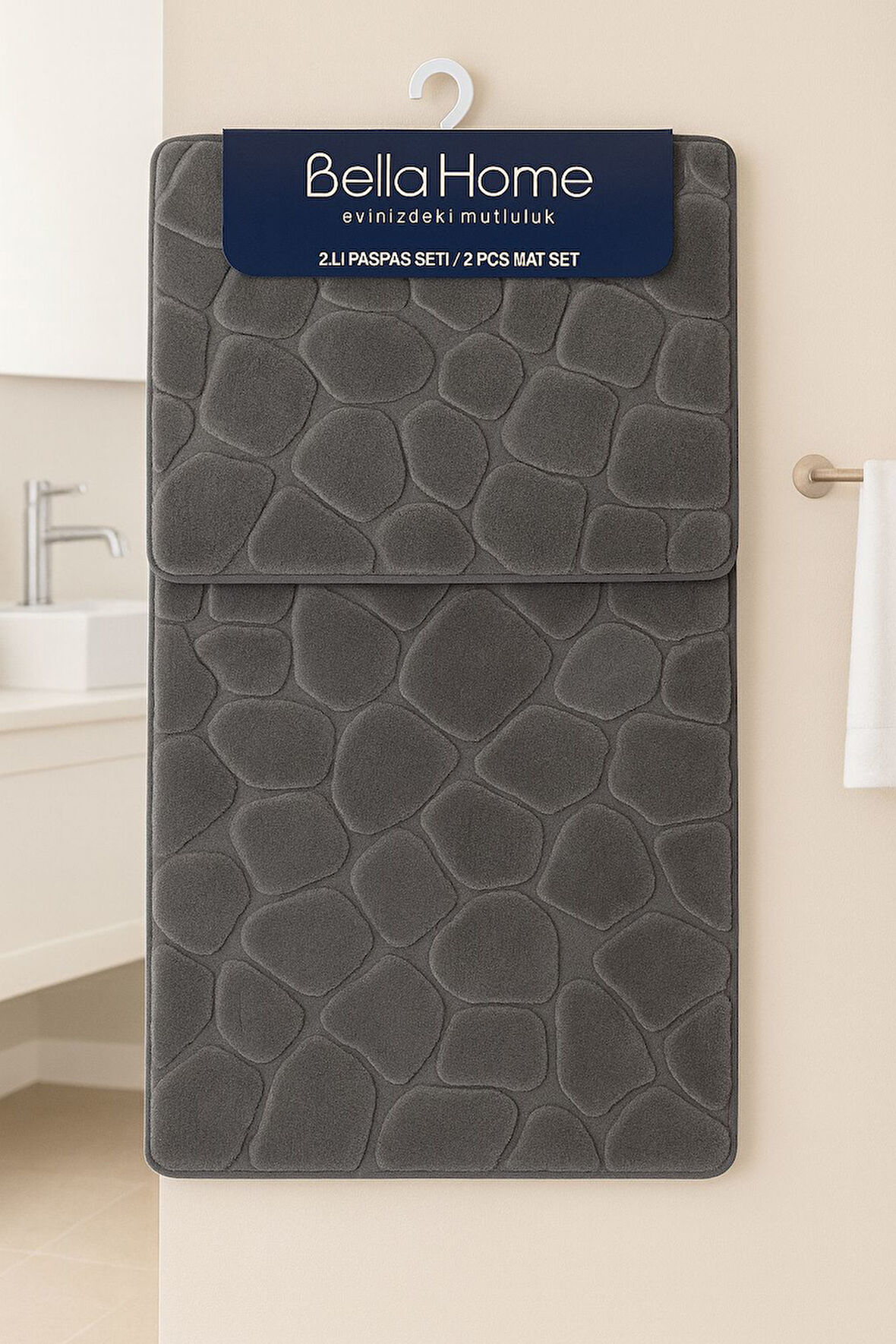 Bella Home 2'li Taş Puffy Klozet Takımı - Yıkanabilir Kaymaz Dot Taban - 60x100 cm 50x60 cm