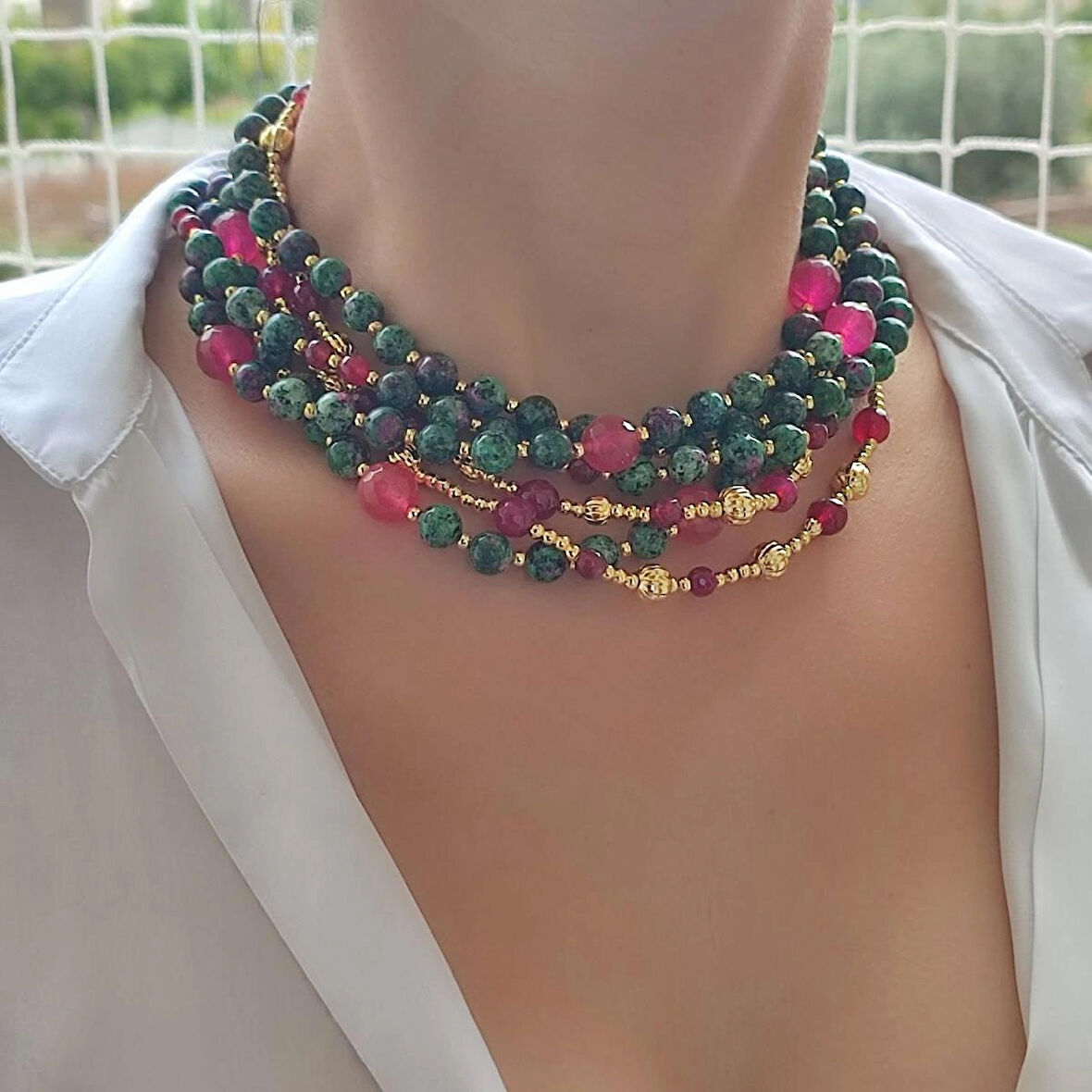 Yeşil Doğal Taş Kolye, Anyolit Kolye, Anyolit Yakut Choker, Renki Taş Choker, Tasarım Choker, Kadın Hediye