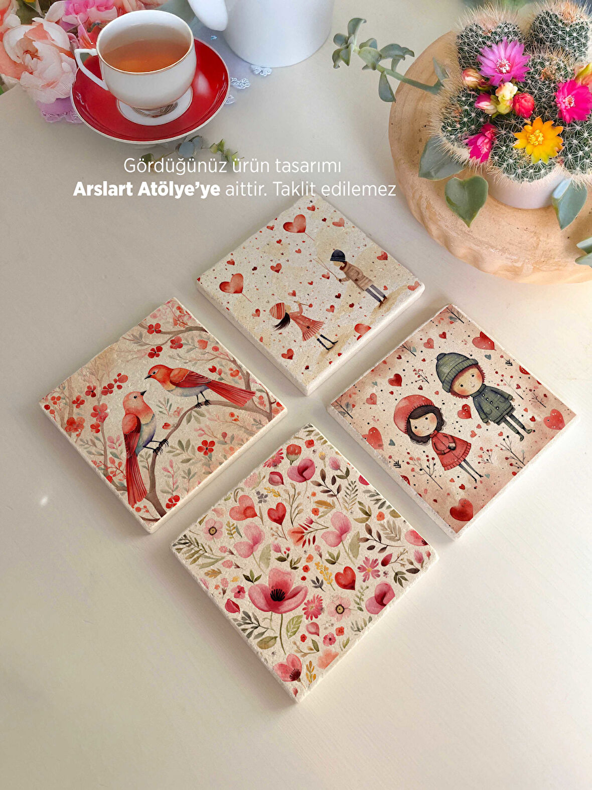 Romantik ve  Kuş Temalı Doğal Taş Bardak Altlıkları