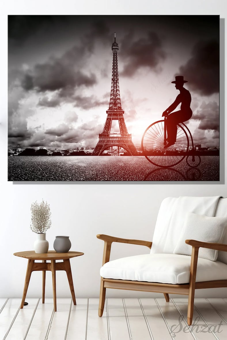 Yatay Kanvas Duvar Tablosu Tekli Salon Yatak Odası Ofis Paris Eyfel Kulesi Vintage Fransa