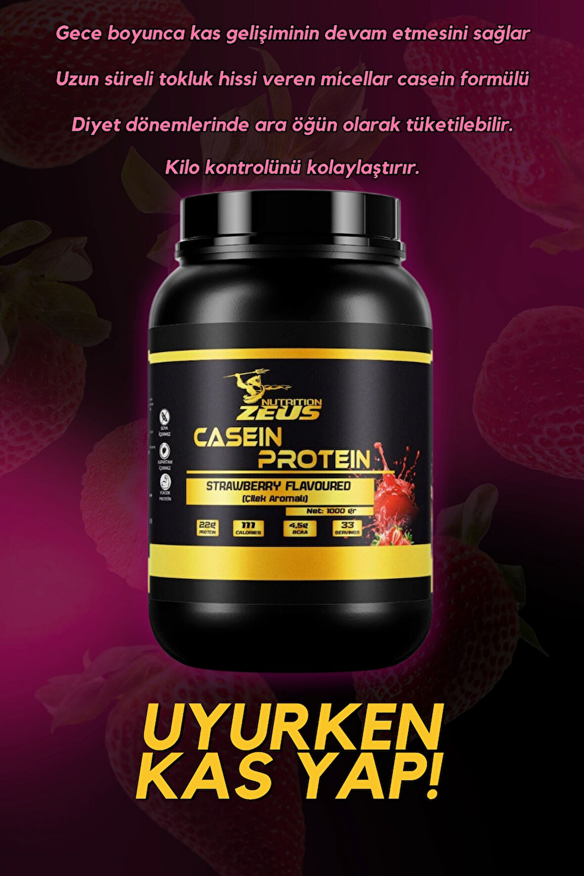 Zeus Nutrition Micellar Casein (Kazein) Proteini 1000 Gr Çilek Aromalı