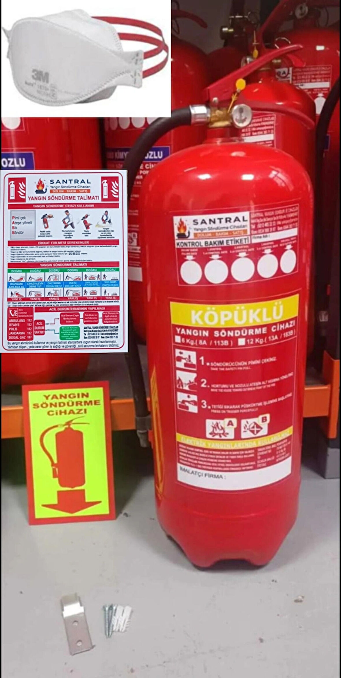 12 kg foam köpüklü yangın söndürme tüpü 3M N95 Maske askı aparatı kullanma talimatı ve fosforlu levha dahil 