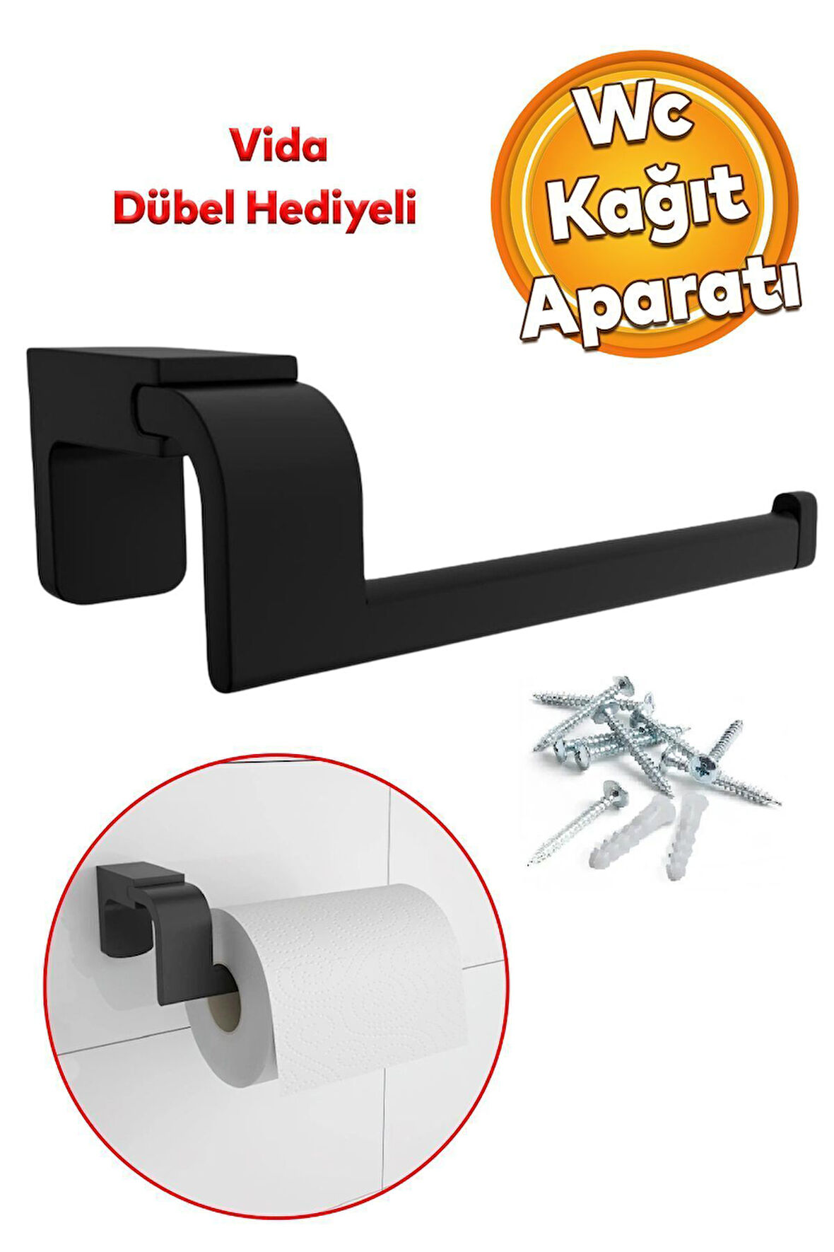 Metal Sağlam Vidalı Siyah Renk Wc Tuvalet Kağıtlık Aparat Açık Kağıt Standı Paslanmaz