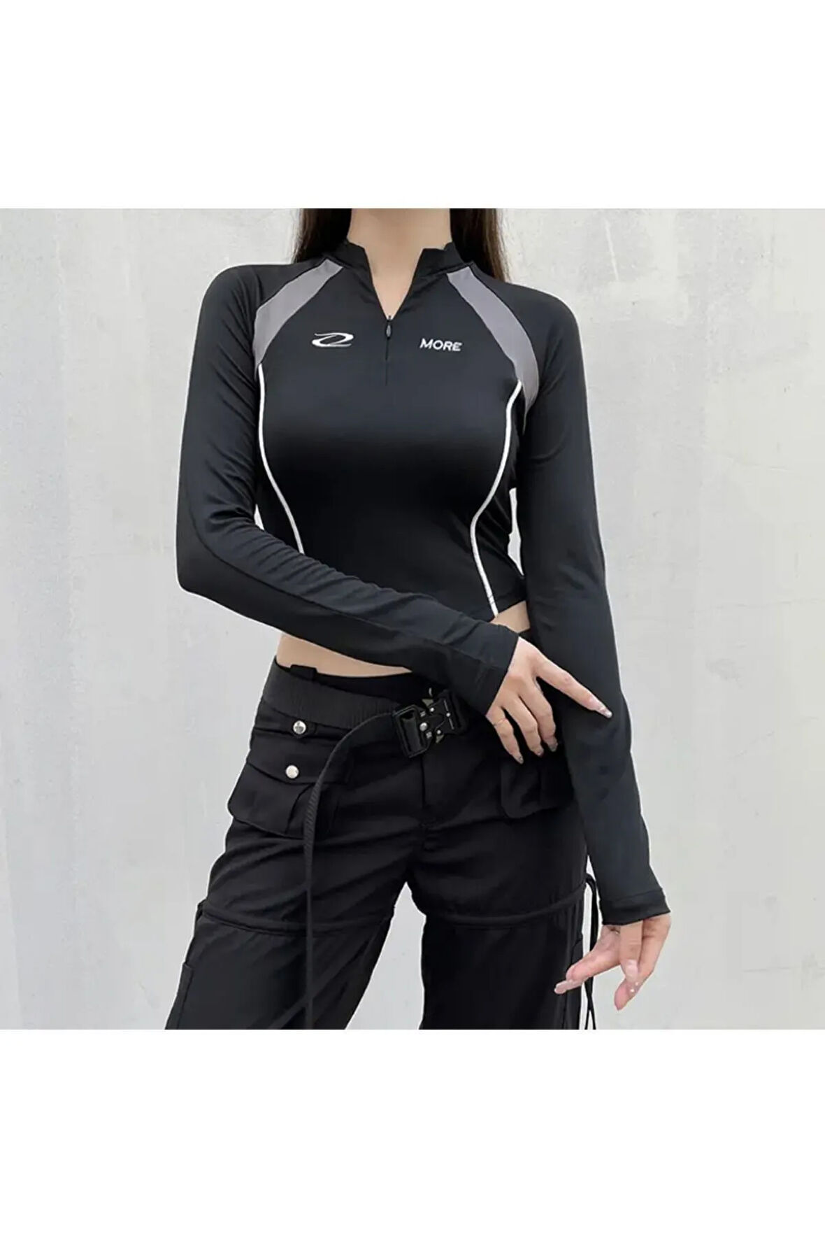 Y2K Harajuku Fermuar Detay Uzun Kol Crop Top