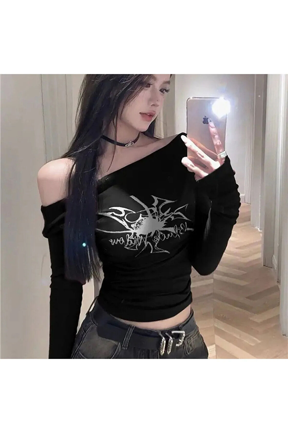 Y2k Gotik Baskılı Siyah Crop Top