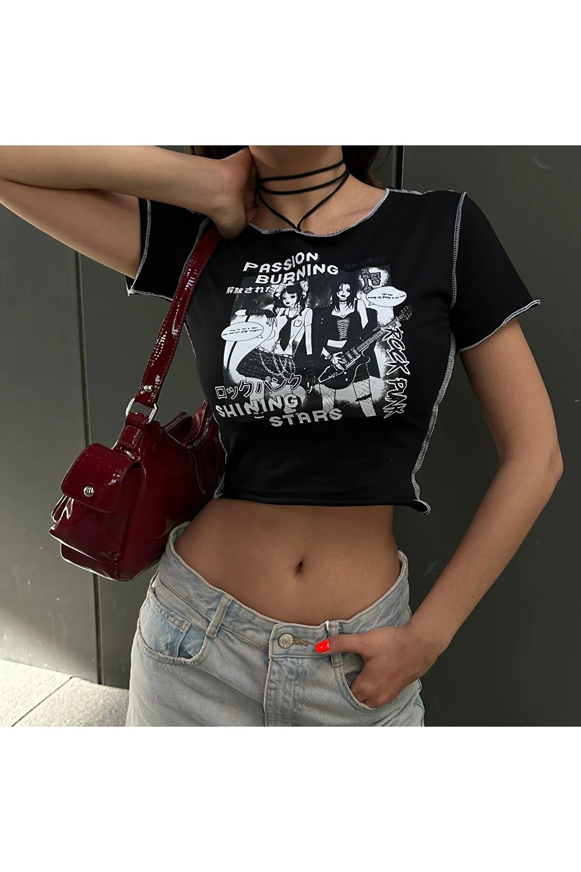 Siyah Passion Burning - Shining Stars Nana Kısa Kollu Crop