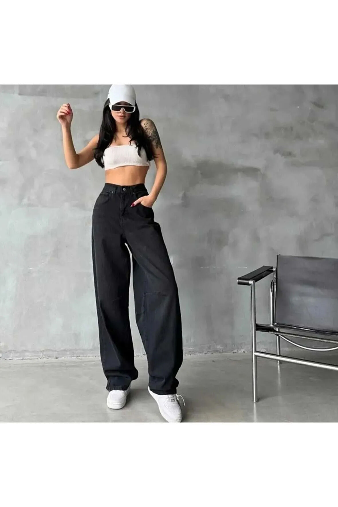 Siyah Baggy Toka Detay Palazo Kot Pantolon