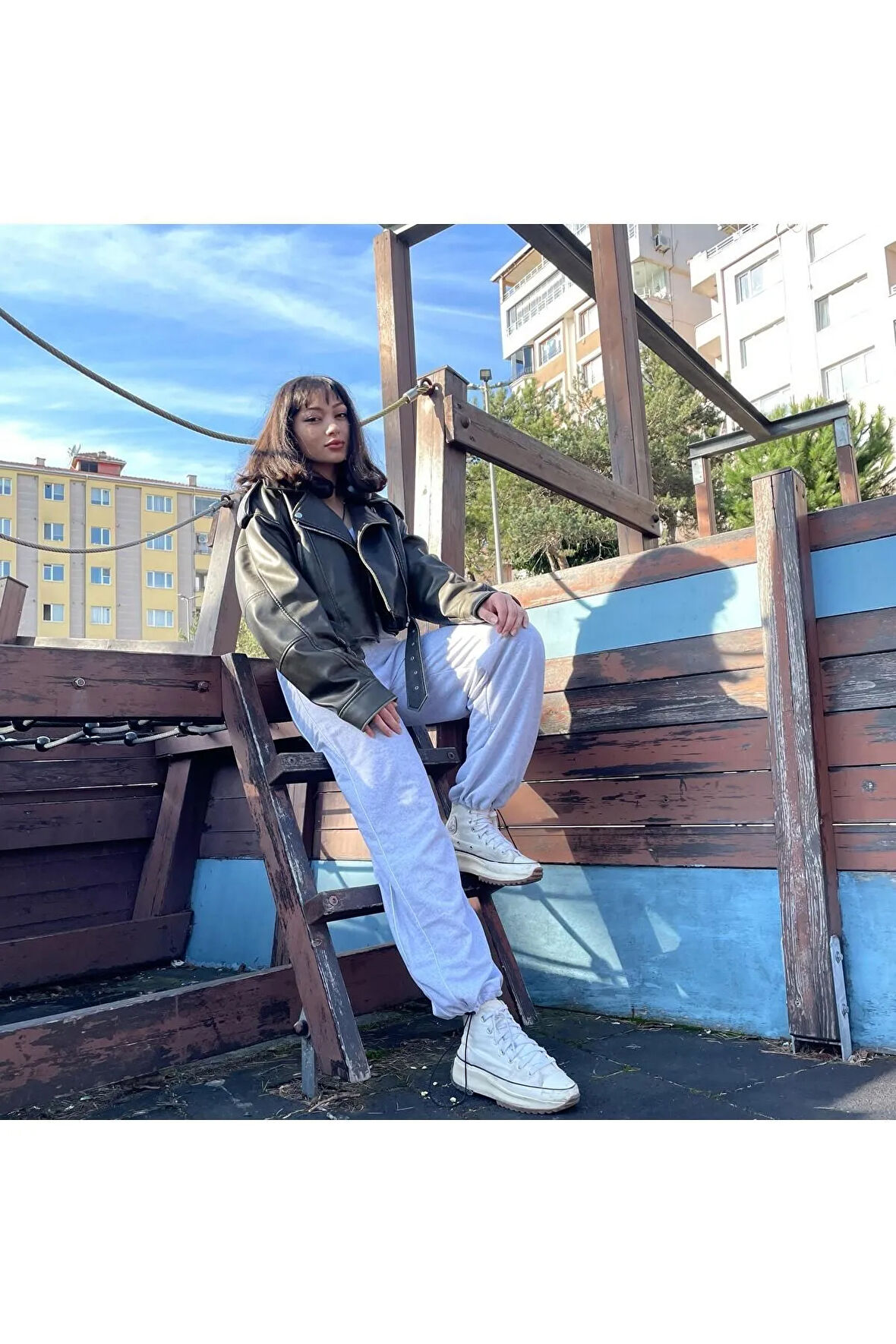 Harajuku Zip Detail Beyaz Oversize Şeritli Eşofman Altı