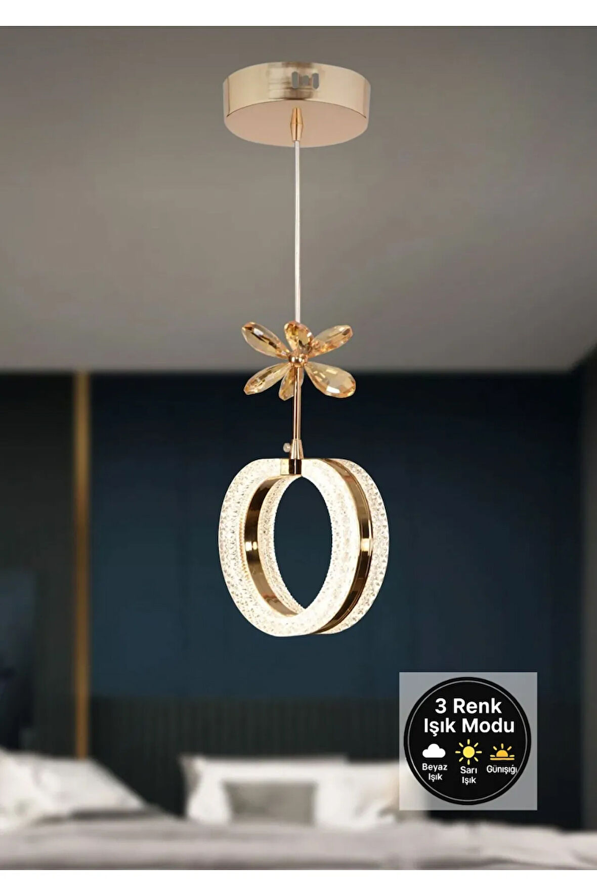 Aurea Model Gold 3 Renk Modu Ledli Kristal Taşlı Modern Salon Mutfak Oturma Odası Sarkıt Led Avize
