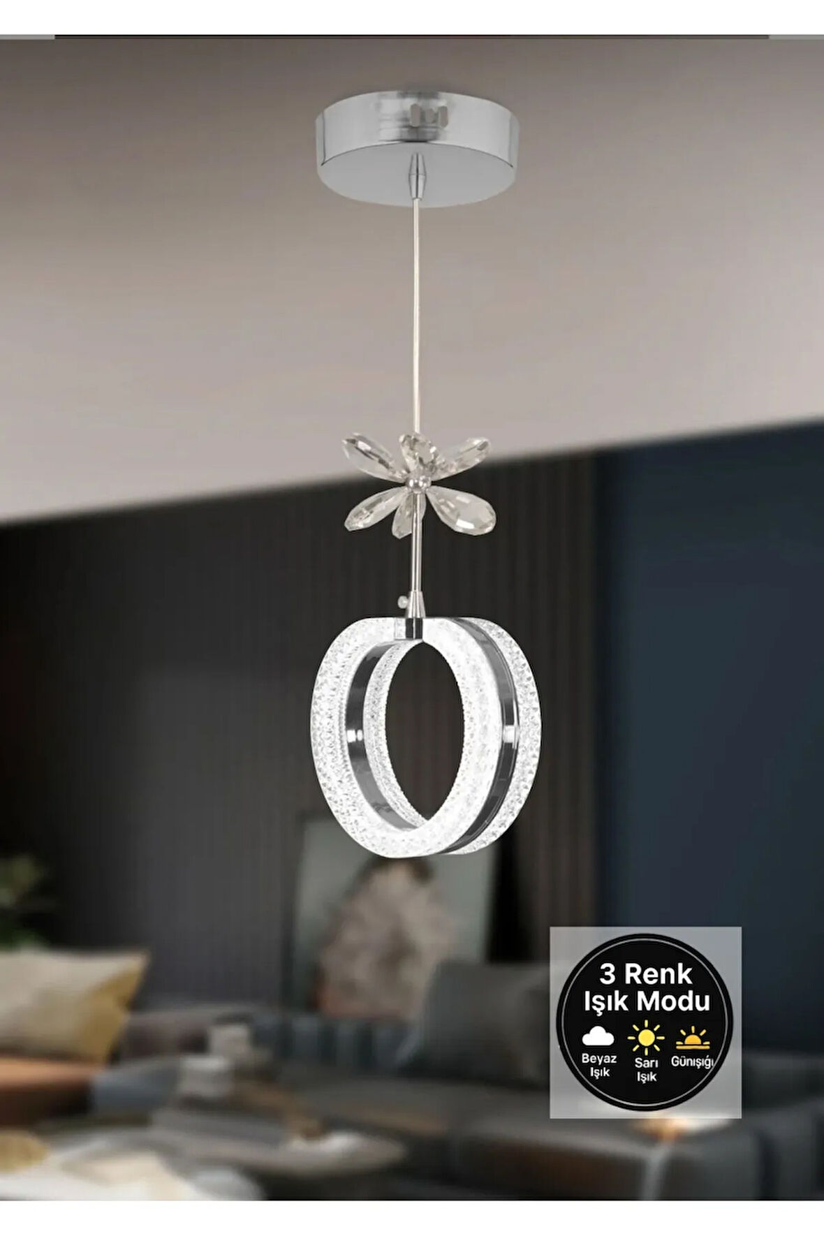 Aurea Model Gümüş 3 Renk Modu Ledli Kristal Taşlı Modern Salon Mutfak Oturma Odası Sarkıt Led Avize