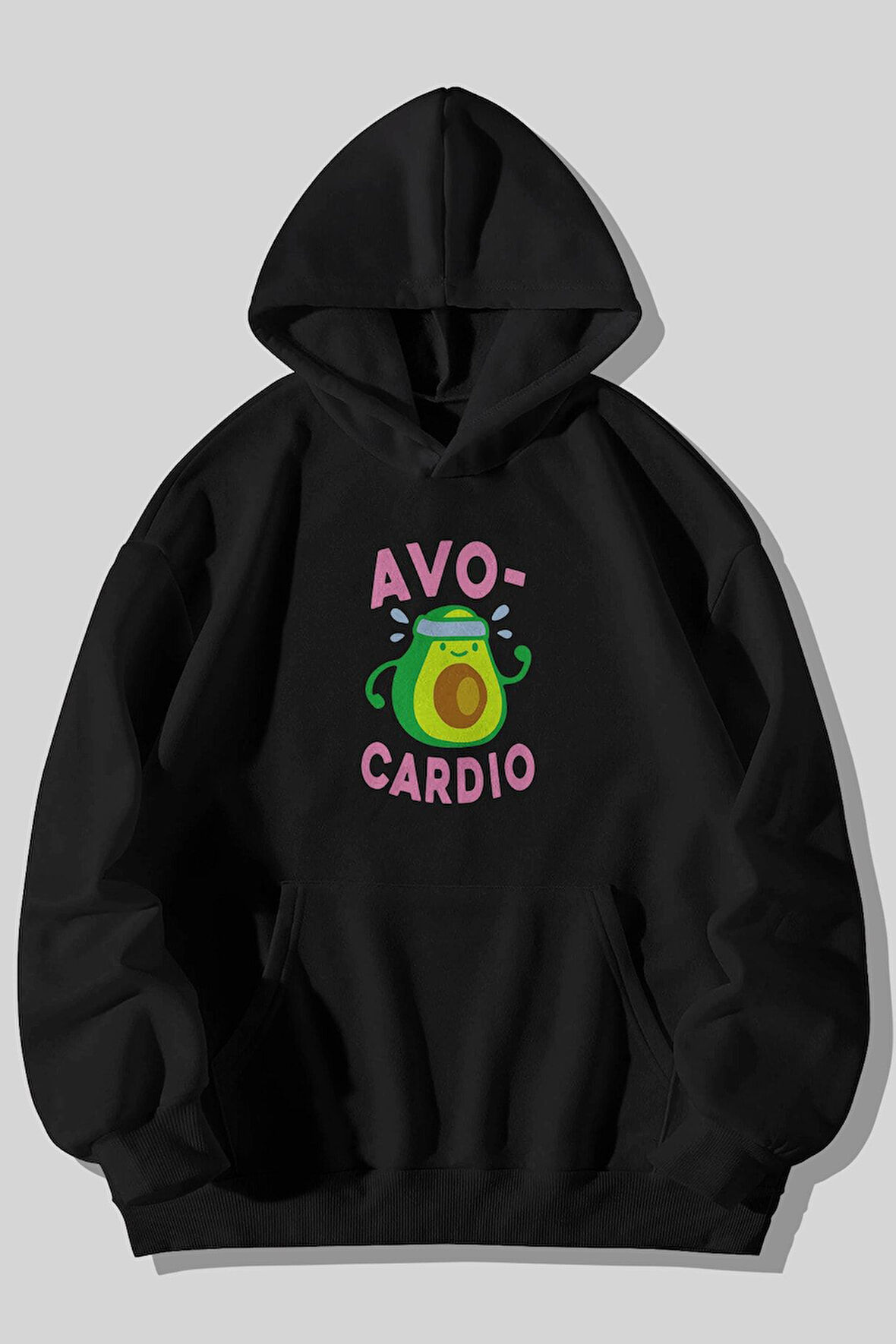 Avocardio Baskılı Unisex Siyah Kanguru Cepli Kapüşonlu Sweatshirt Hoodie | XL