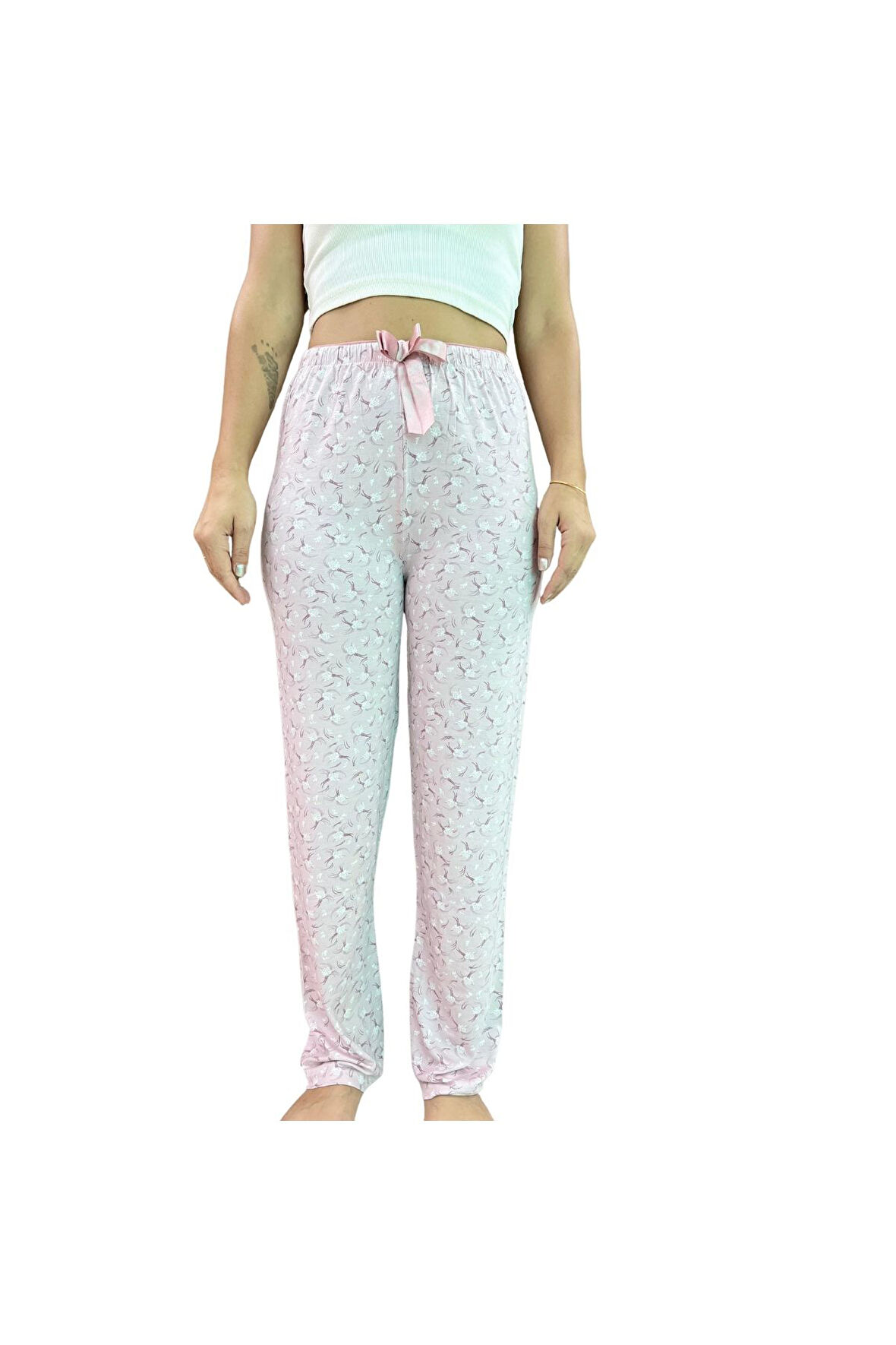 Beli Lastikli Kurdeleli Desenli Kadın Pijama Altı