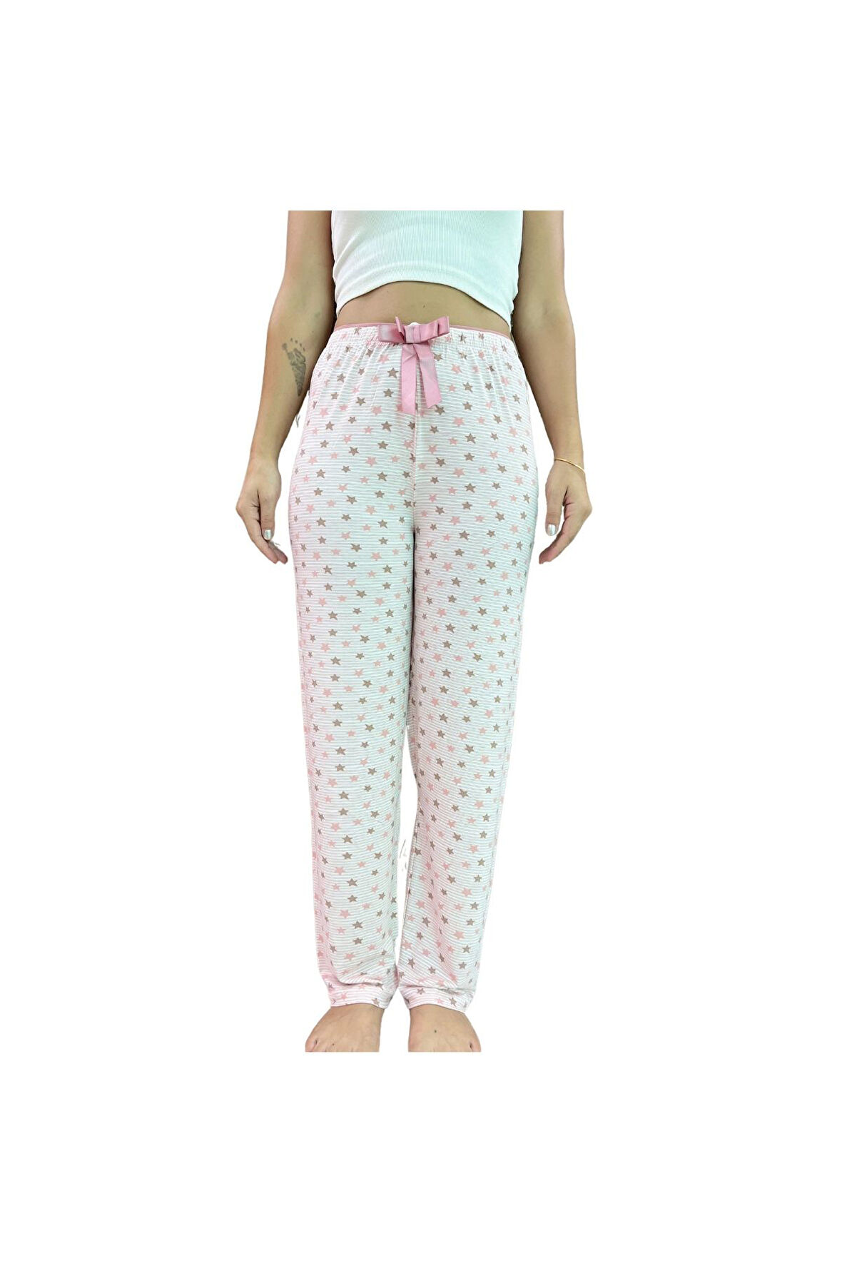 Beli Lastikli Kurdeleli Desenli Kadın Pijama Altı