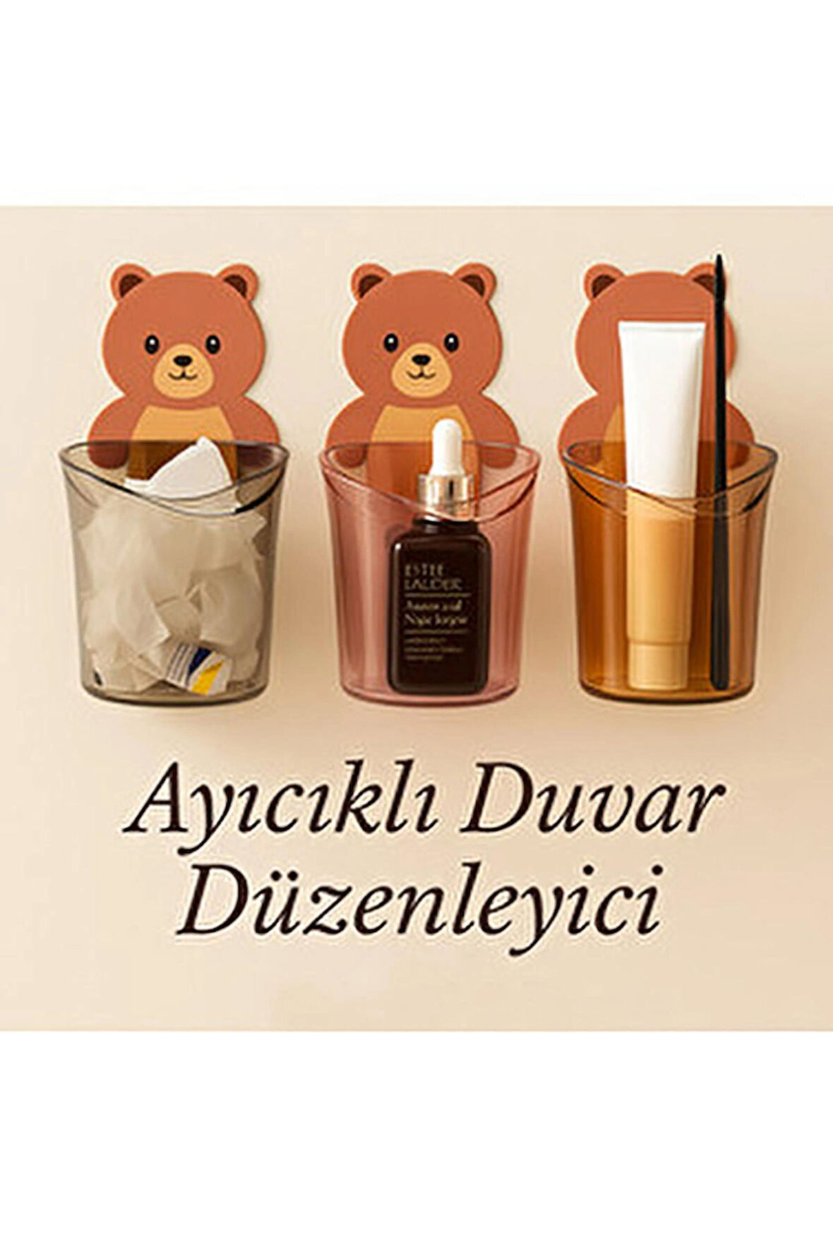 3’lü Ayı Figürlü Diş Fırçalık Seti | Yapışkanlı Duvara Yapışan Banyo Organizer