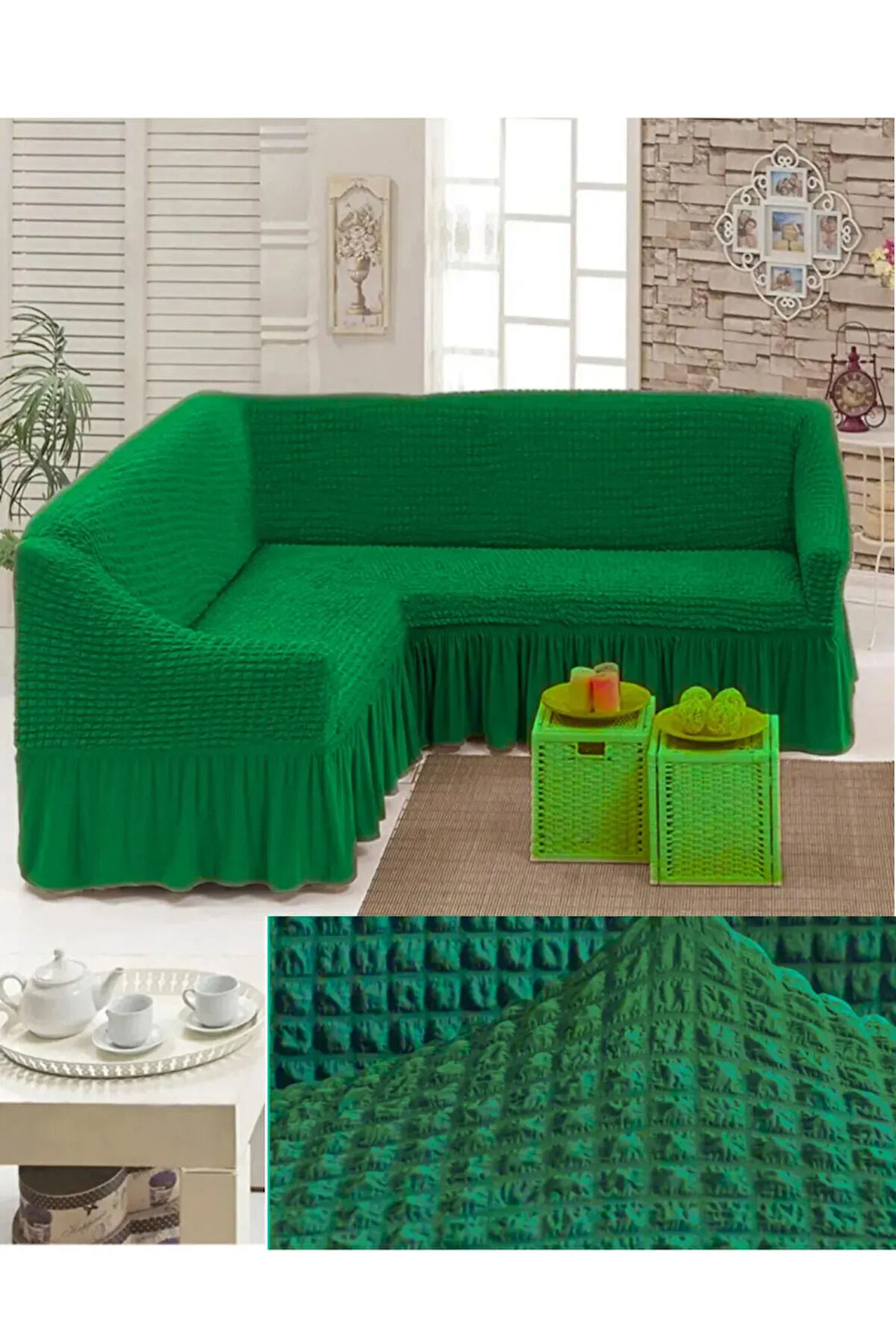 Bürümcük kumaş, etekli L köşe koltuk örtüsü. 1 adet esnek, lastikli, süngerli L koltuk kılıfı