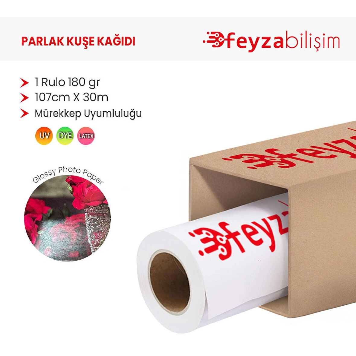 Feyza Bilişim® Parlak Kuşe Fotoğraf Kağıdı 180 gr (DYE) 107cm x 30mt (1 Rulo)