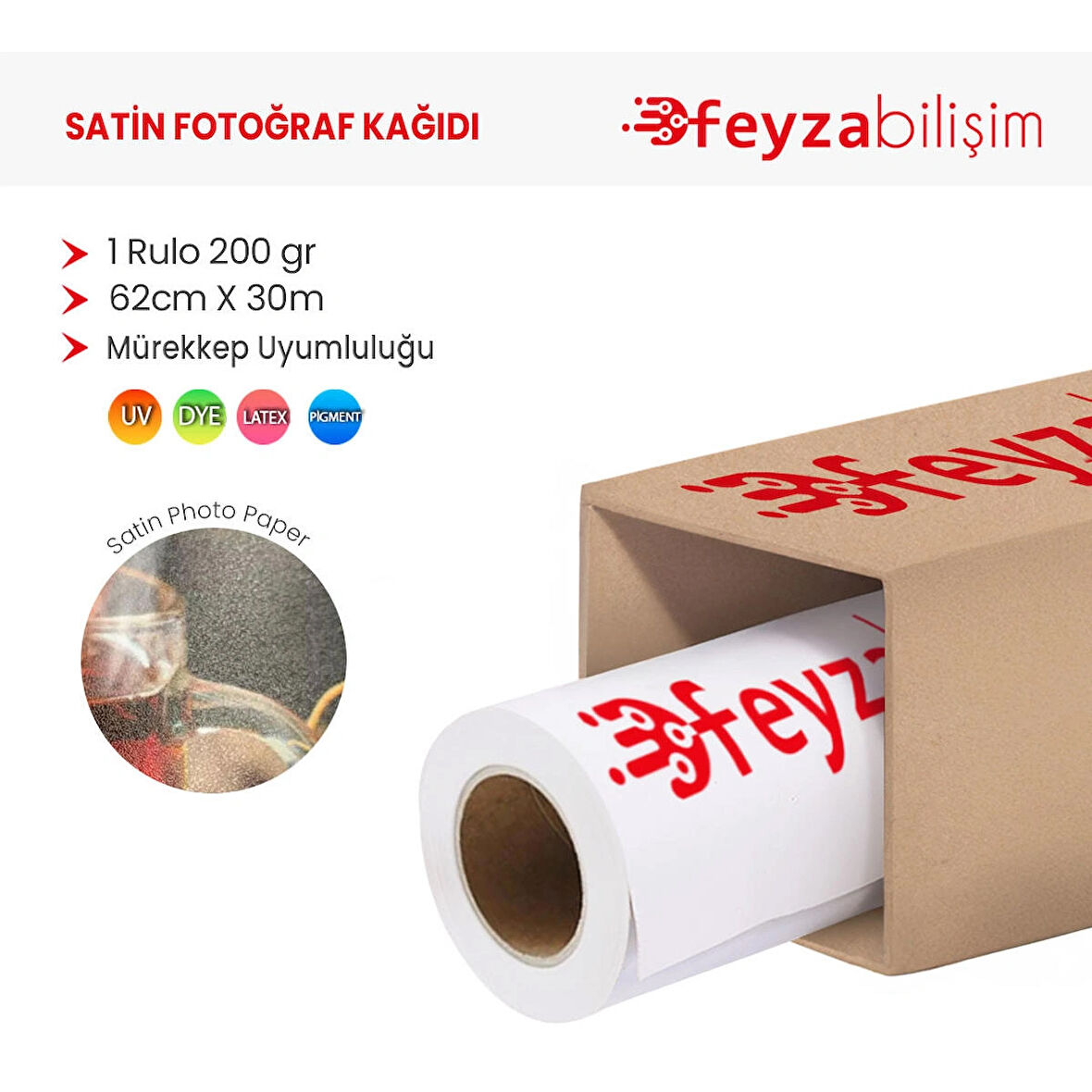 Feyza Bilişim® Microporous (Satin) Yarı Mat Fotoğraf Kağıdı Waterprof 200gr 62cm x30mt (1 Rulo)