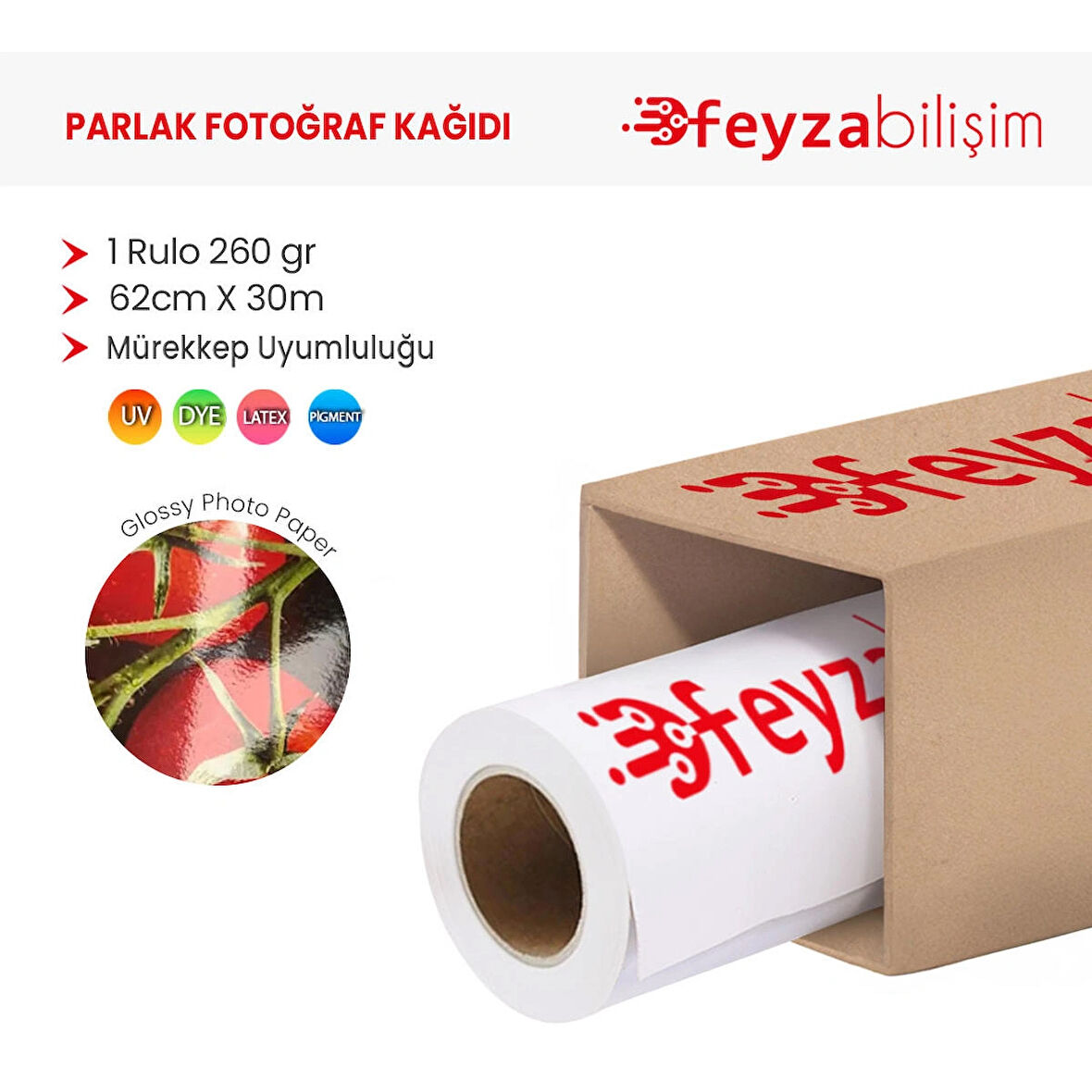 Feyza Bilişim® Microporous (Glossy) Parlak Fotoğraf Kağıdı Waterprof 260gr 62cm x30mt (1 Rulo)