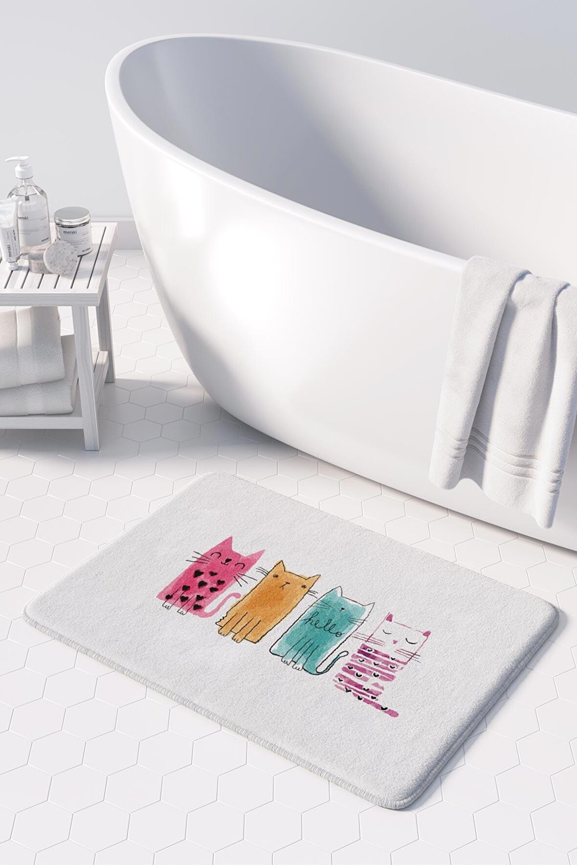 Sevimli Tasarımlı Mikrofiber Banyo Paspası, Kaymaz Taban, Makinede Yıkanabilir (50x80)