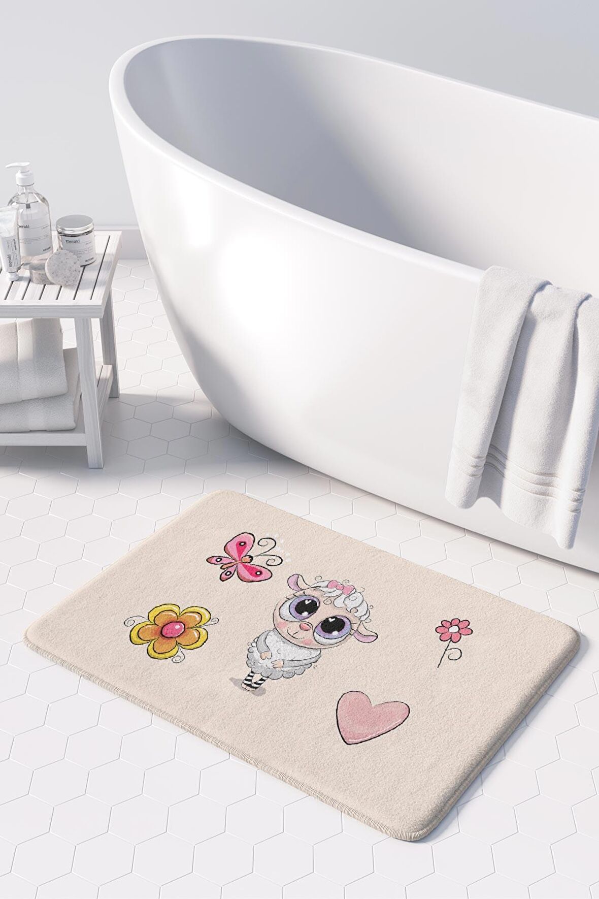 Sevimli Tasarımlı Mikrofiber Banyo Paspası, Kaymaz Taban, Makinede Yıkanabilir (50x80)