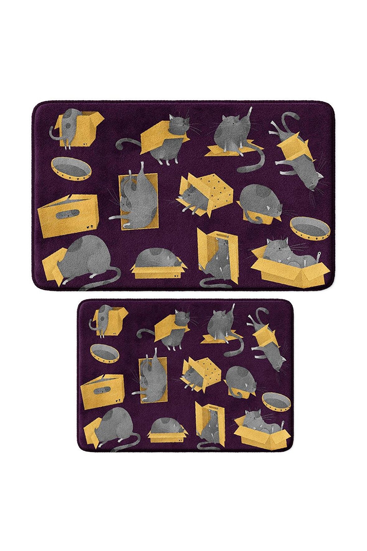 Sevimli Tasarımlı Mikrofiber 2'li Takım Banyo Paspası, Kaymaz Taban, Makinede Yıkanabilir (40x60_50x80)