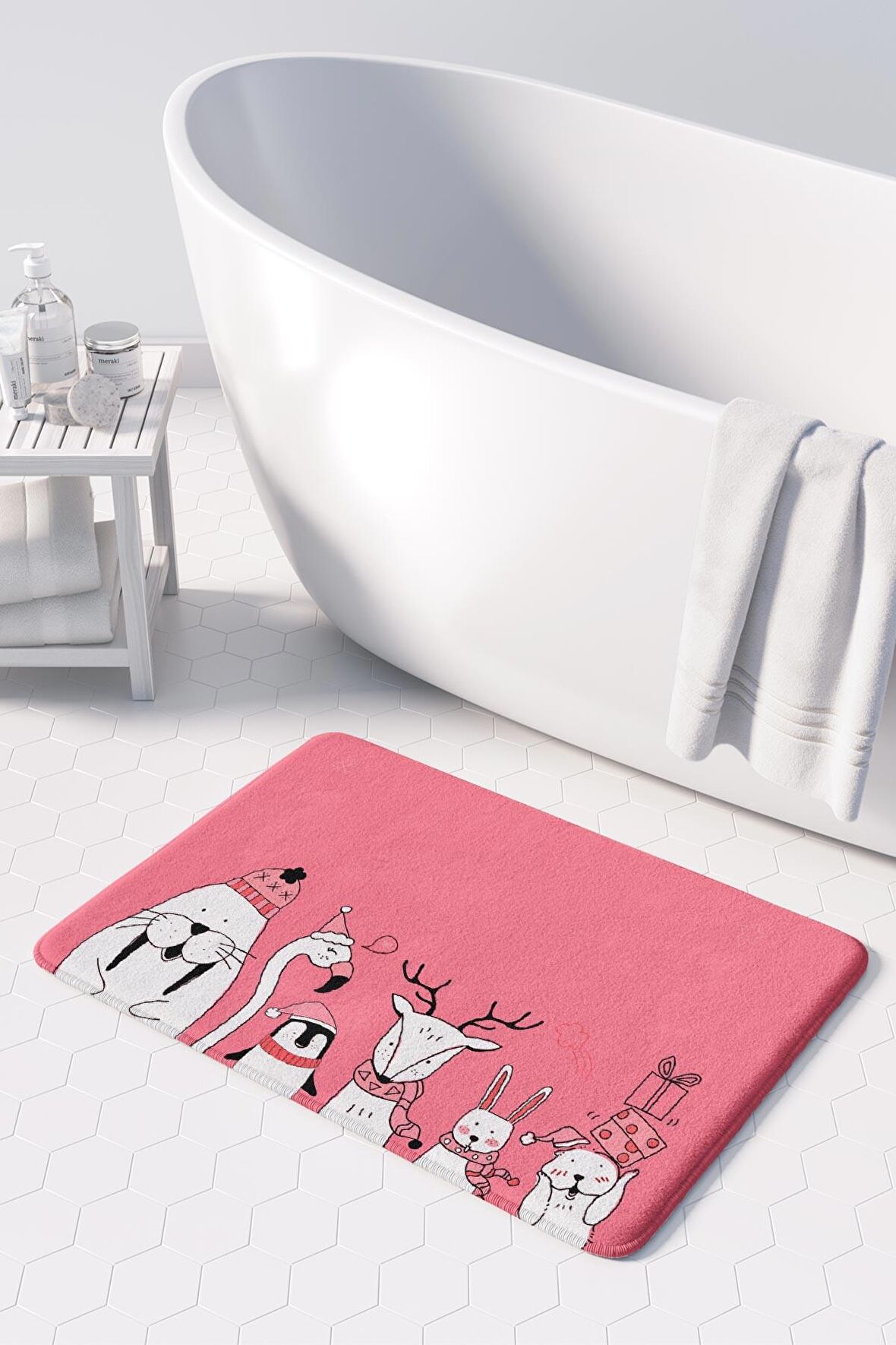 Sevimli Tasarımlı Yılbaşı Dekoru Banyo Paspası, Kaymaz Taban, Makinede Yıkanabilir, Yeni Yıl Paspası 50X80