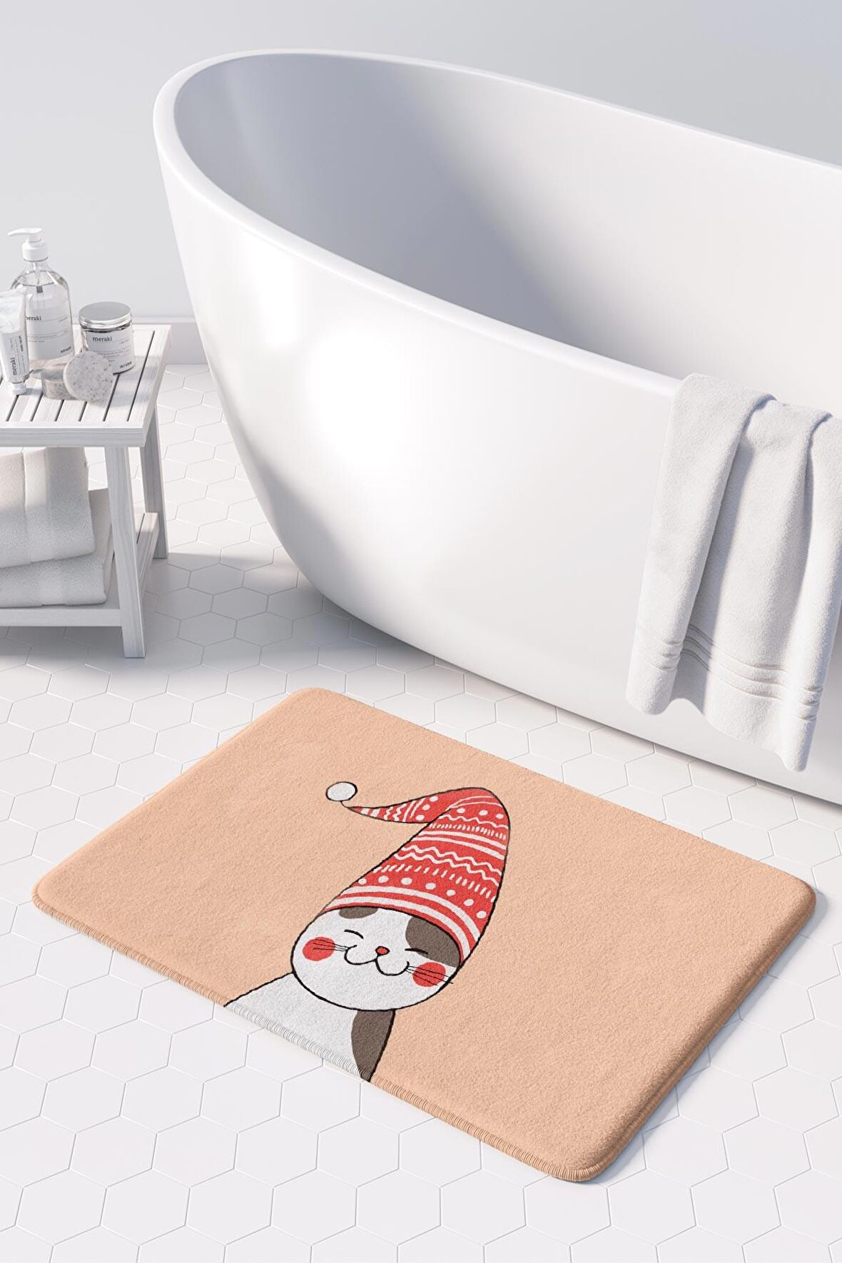 Sevimli Tasarımlı Yılbaşı Dekoru Banyo Paspası, Kaymaz Taban, Makinede Yıkanabilir, Yeni Yıl Paspası 50X80