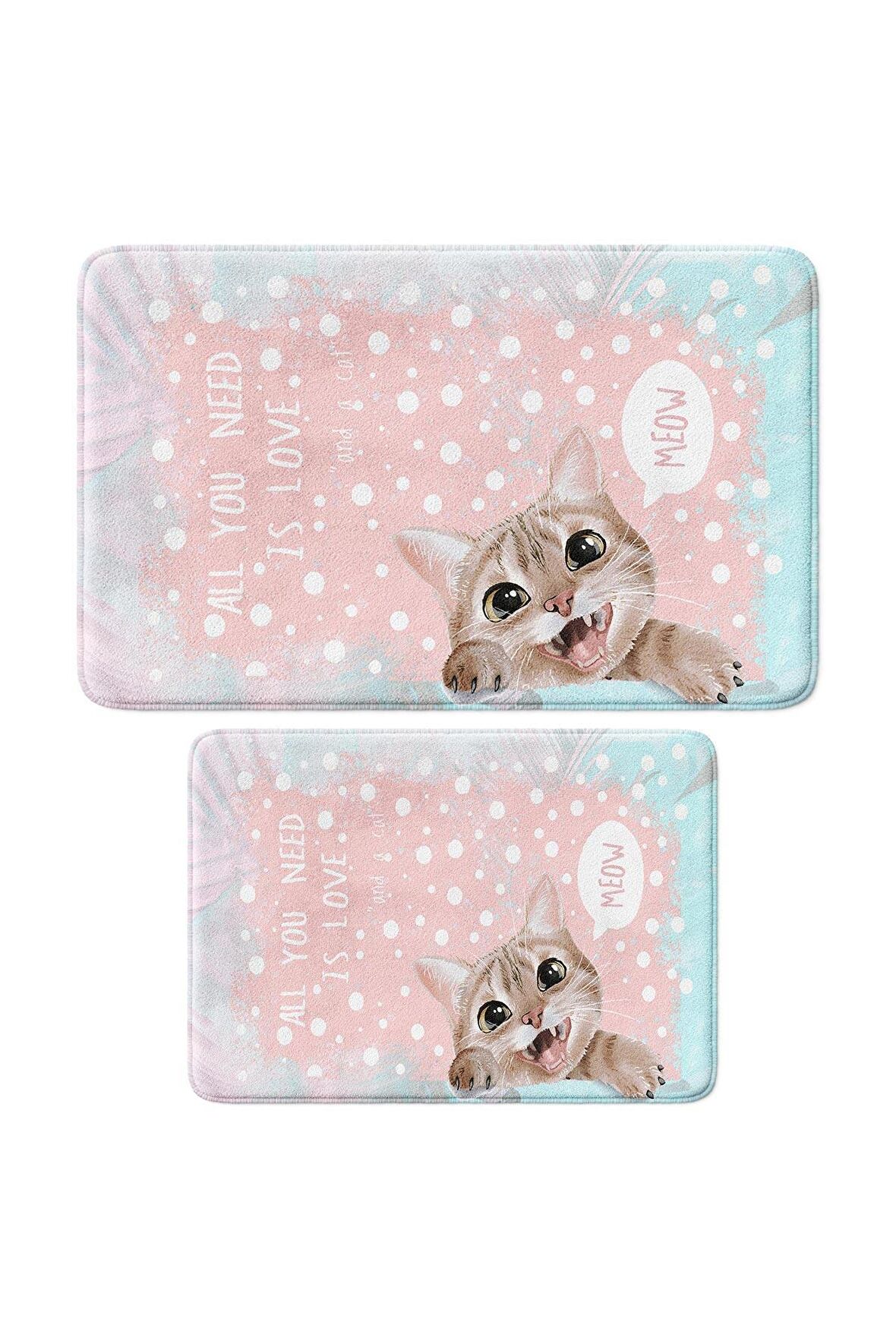 Sevimli Tasarımlı Mikrofiber 2'li Takım Banyo Paspası, Kaymaz Taban, Makinede Yıkanabilir (40x60_50x80)