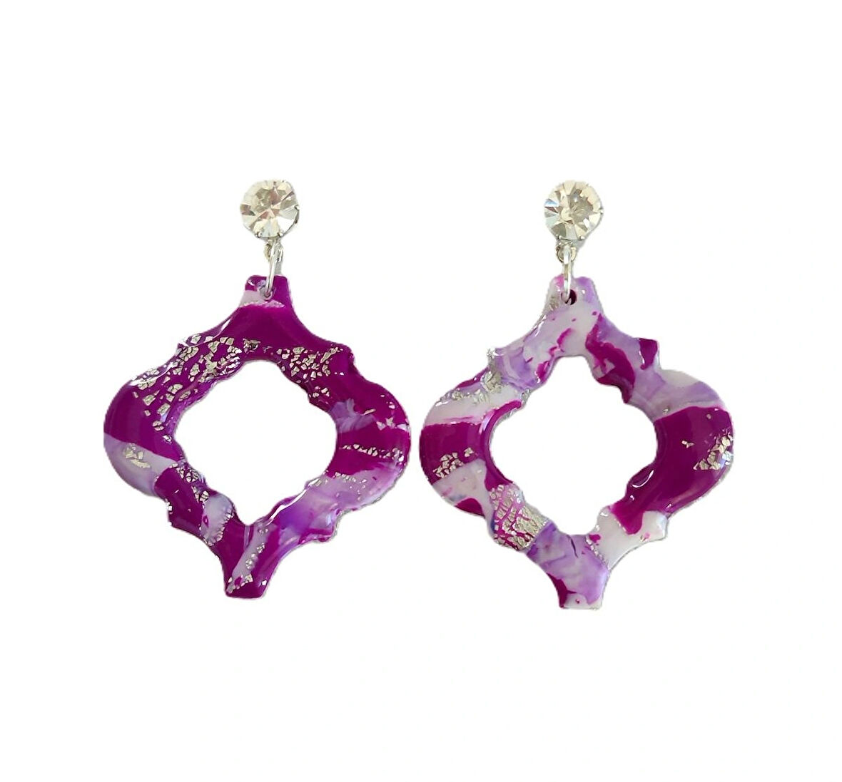 El Yapımı, Polimer Kil, Ultra Hafif, Şık Kadın Küpe. Mor ve Beyaz Desenli Quatrefoil Küpe, Kristal Taşlı, Damla Şeklinde, Moda