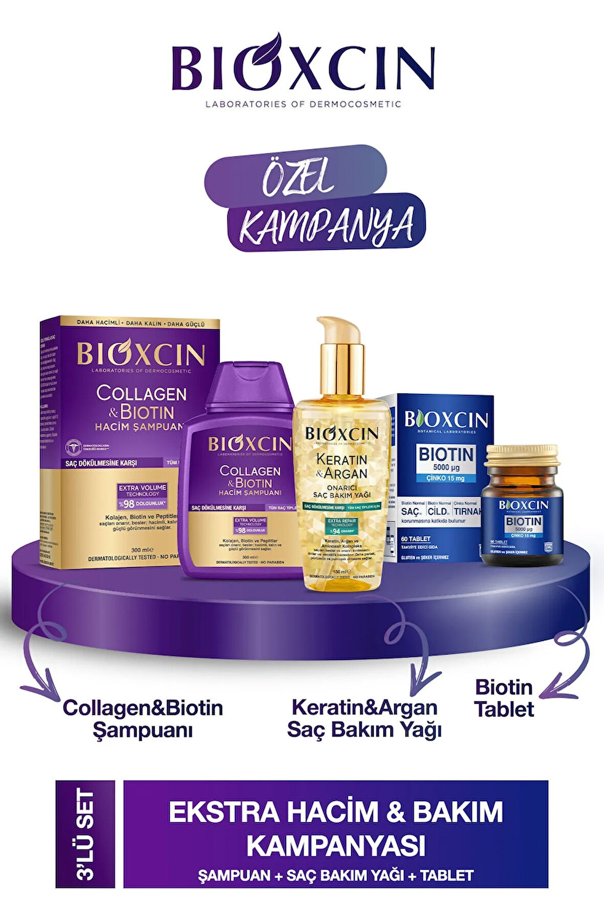 Collagen & Biotin Hacim Şampuanı 300ml + Biotin 5000mcg 60tab + Keratin Argan Saç Bakım Yağı