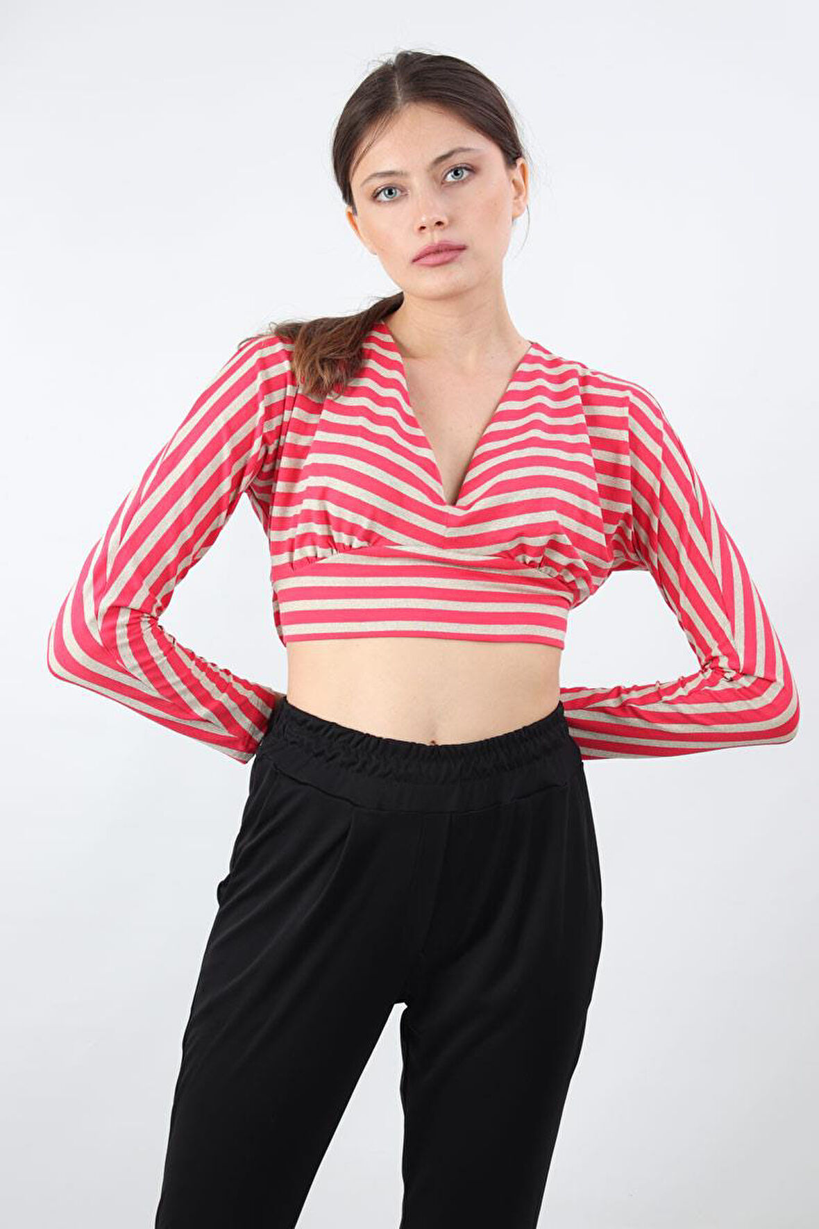 ALEXANDERGARDI ÇİZGİLİ CROP BLUZ, BEJ-PEMBE (B19-153401)