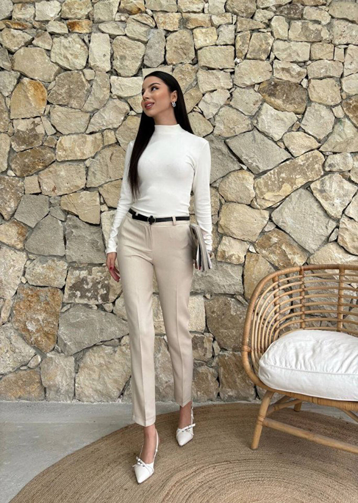 Kadın Yüksek Bel Dar Paça Kemer Dahil Kumaş Pantolon