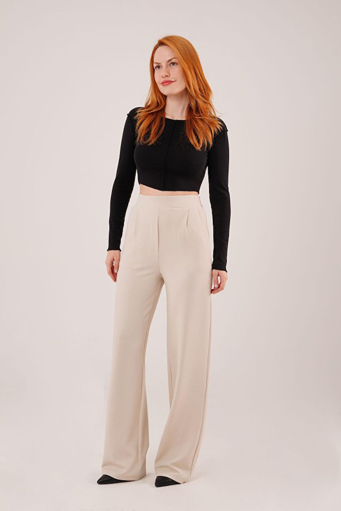 Yüksek Bel Bol Paça Krep Krem Pantolon