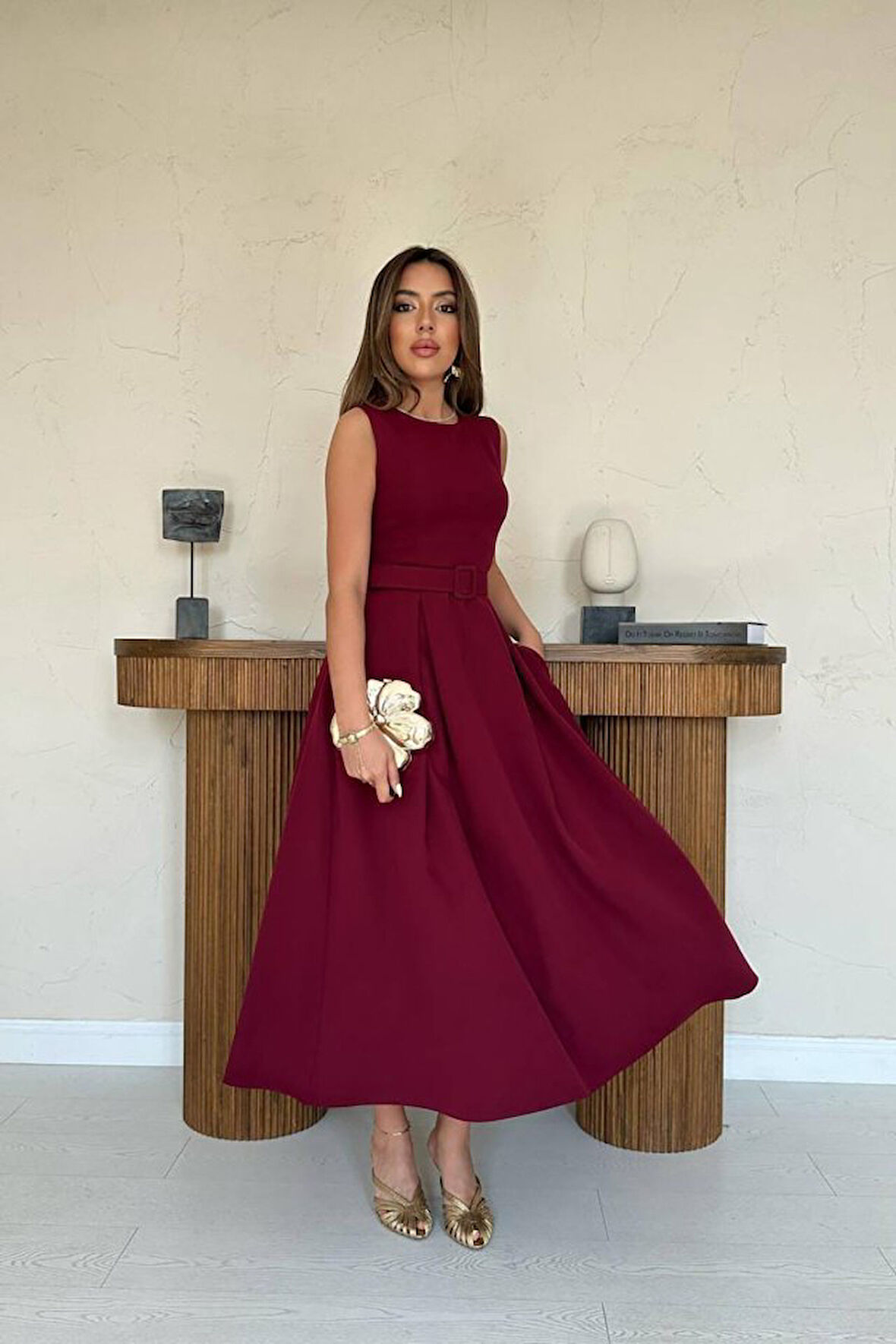 Bordo Halter Yaka Kloş Elbise