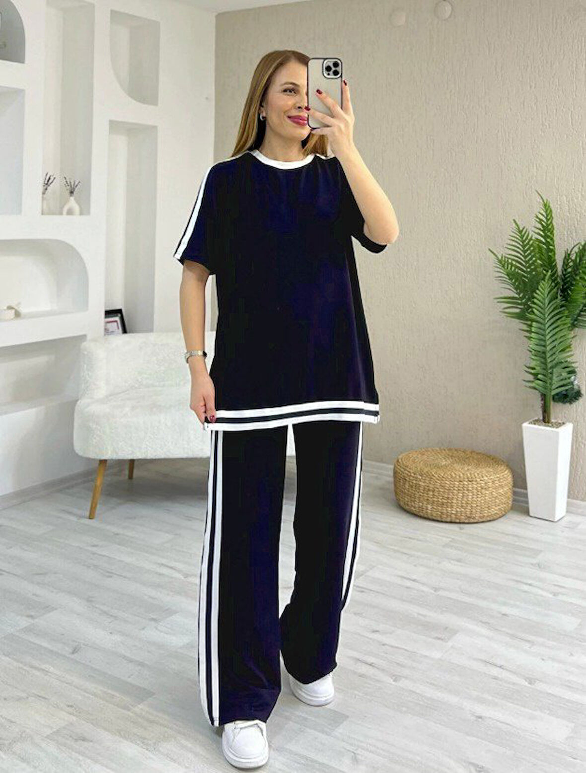 Kadın Kısa Kollu Bisiklet Yaka çift Renk şerit Detaylı Viskon Iki Iplik Bluz Ve Pantolon Ikili Takım