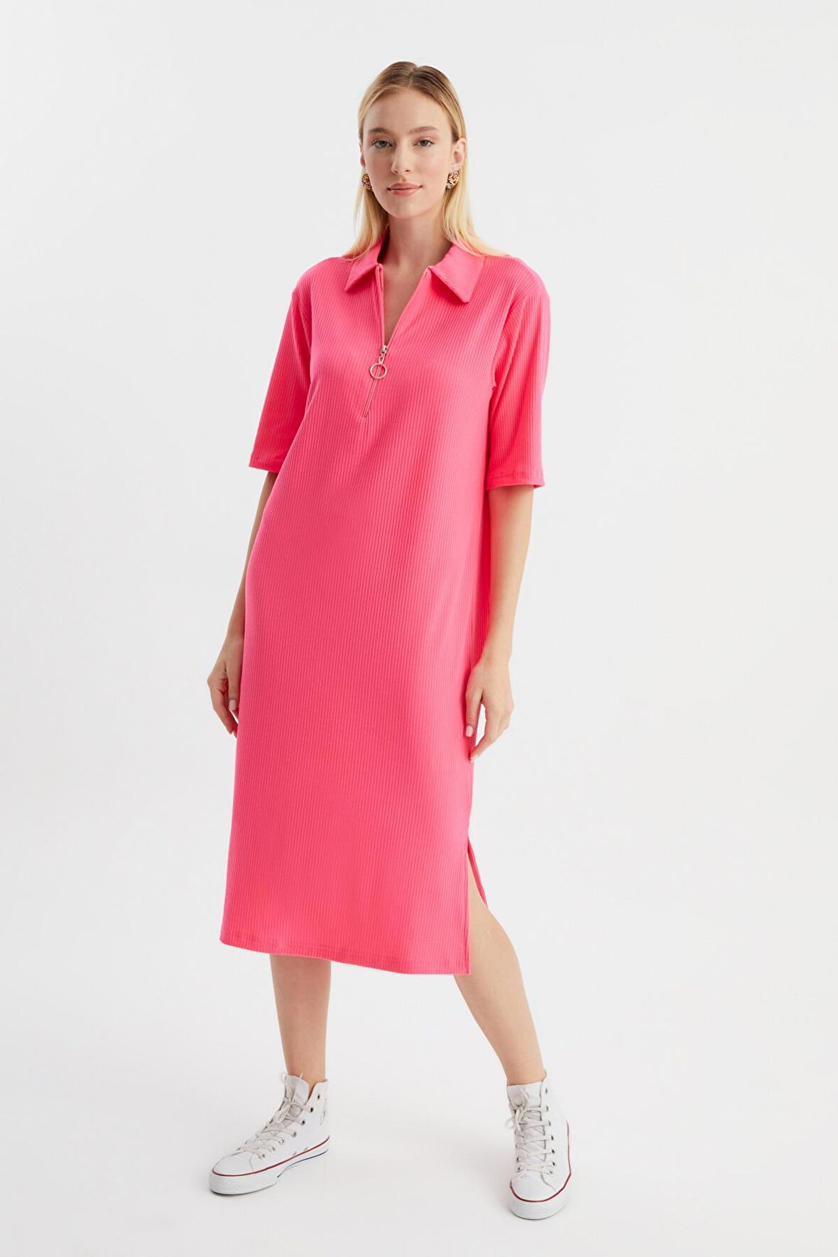 ALEXANDERGARDİ FİTİLLİ FERMUAR DETAYLI GÖMLEK YAKA ELBİSE (B23-00108)