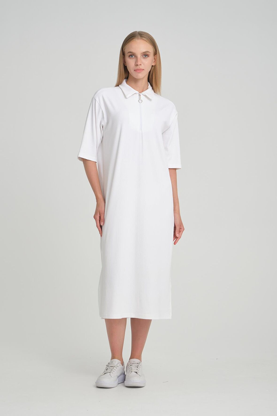 ALEXANDERGARDİ FİTİLLİ FERMUAR DETAYLI GÖMLEK YAKA ELBİSE (B23-00108)