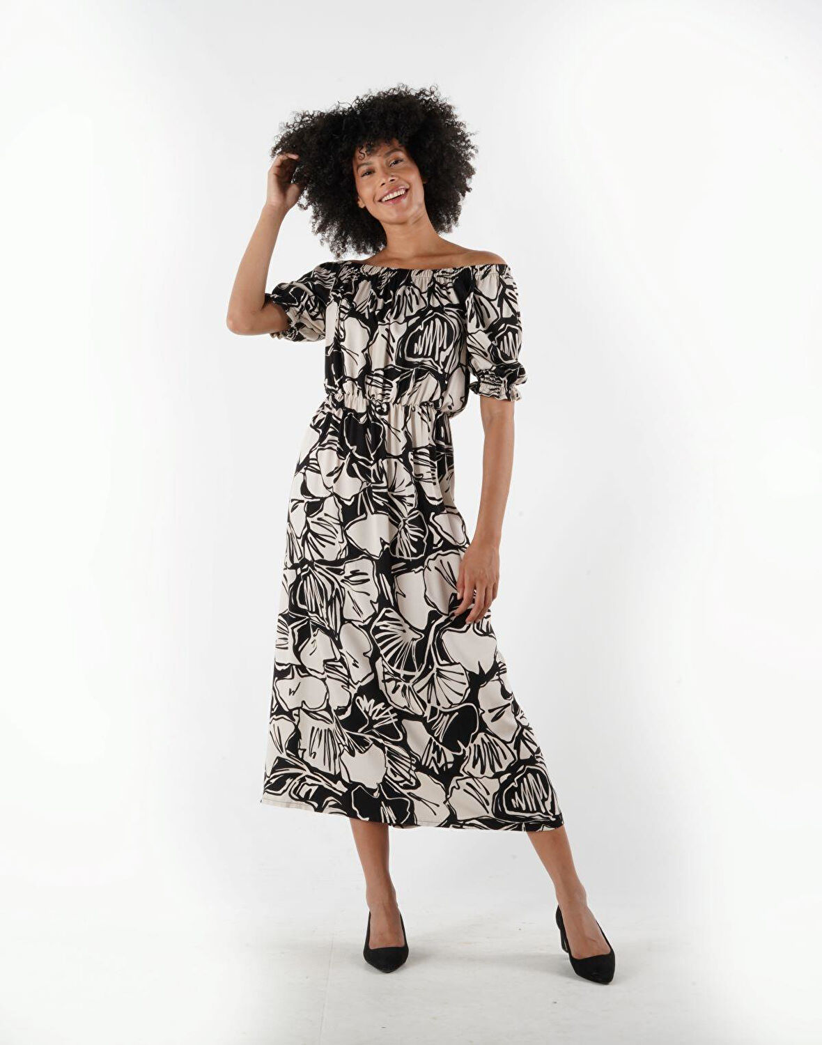 ALEXANDERGARDI LASTİKLİ MADONNA YAKA DESENLI ELBİSE (B24-00222)