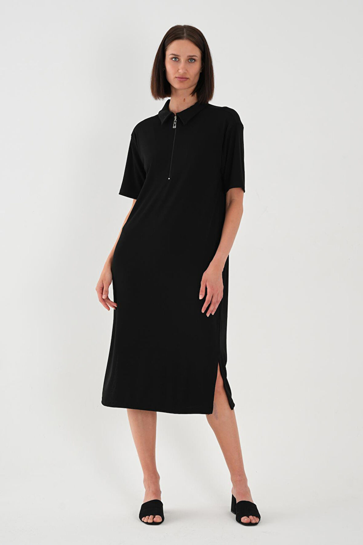 ALEXANDERGARDİ FİTİLLİ FERMUAR DETAYLI GÖMLEK YAKA ELBİSE (B23-00108)