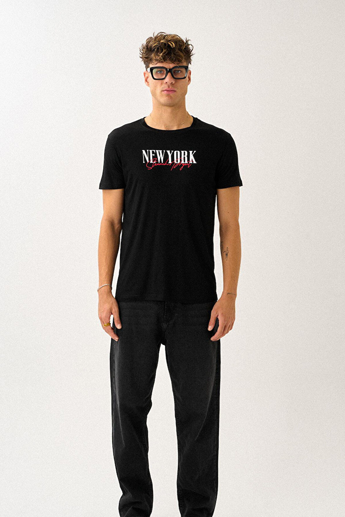 Oversize Bisiklet Yaka Baskılı T-Shirt