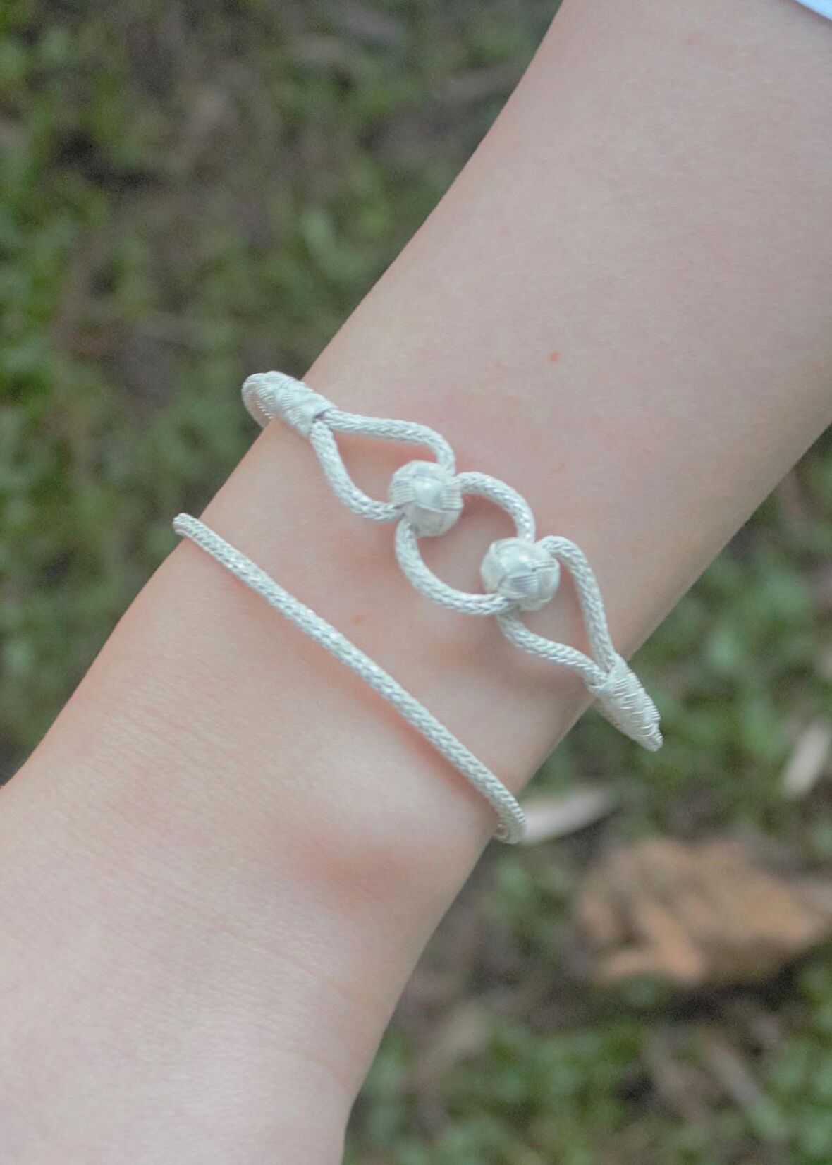 Gümüş Bileklik İkili Kombin Çift Top Detaylı Kazaziye El Örgüsü