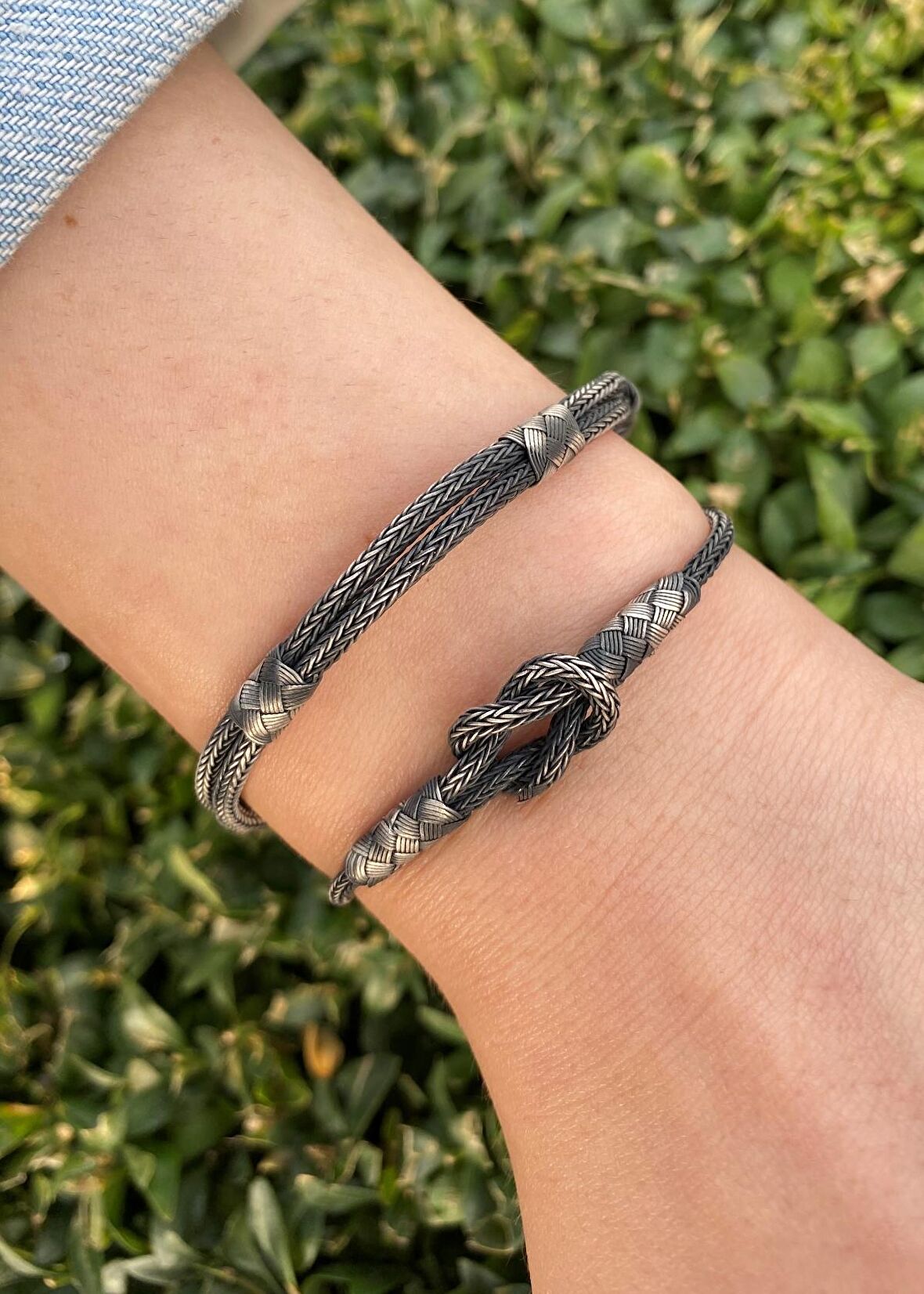 Gemici Düğümü Oksitli Gümüş Kazaziye İkili Kombin El Örgüsü Bileklik Seti 18 CM