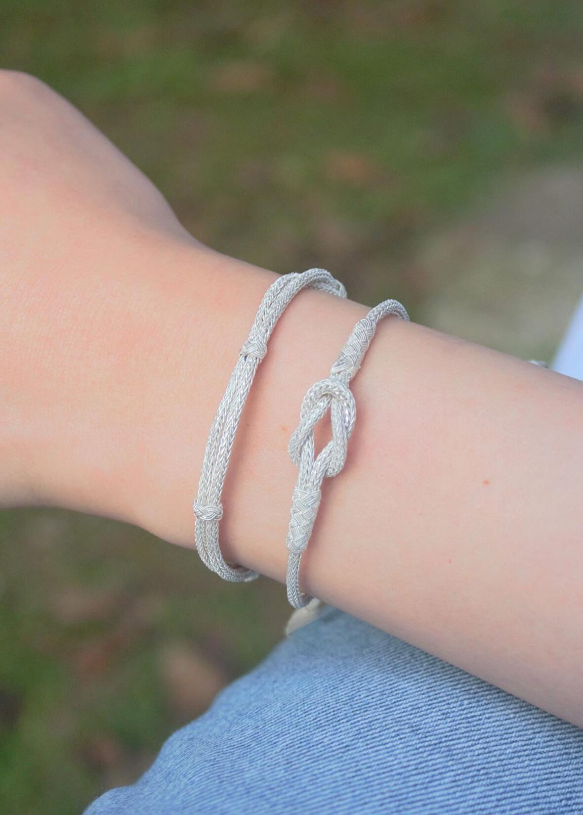 Gümüş Bileklik İkili Kombin Kazaziye El Örgüsü