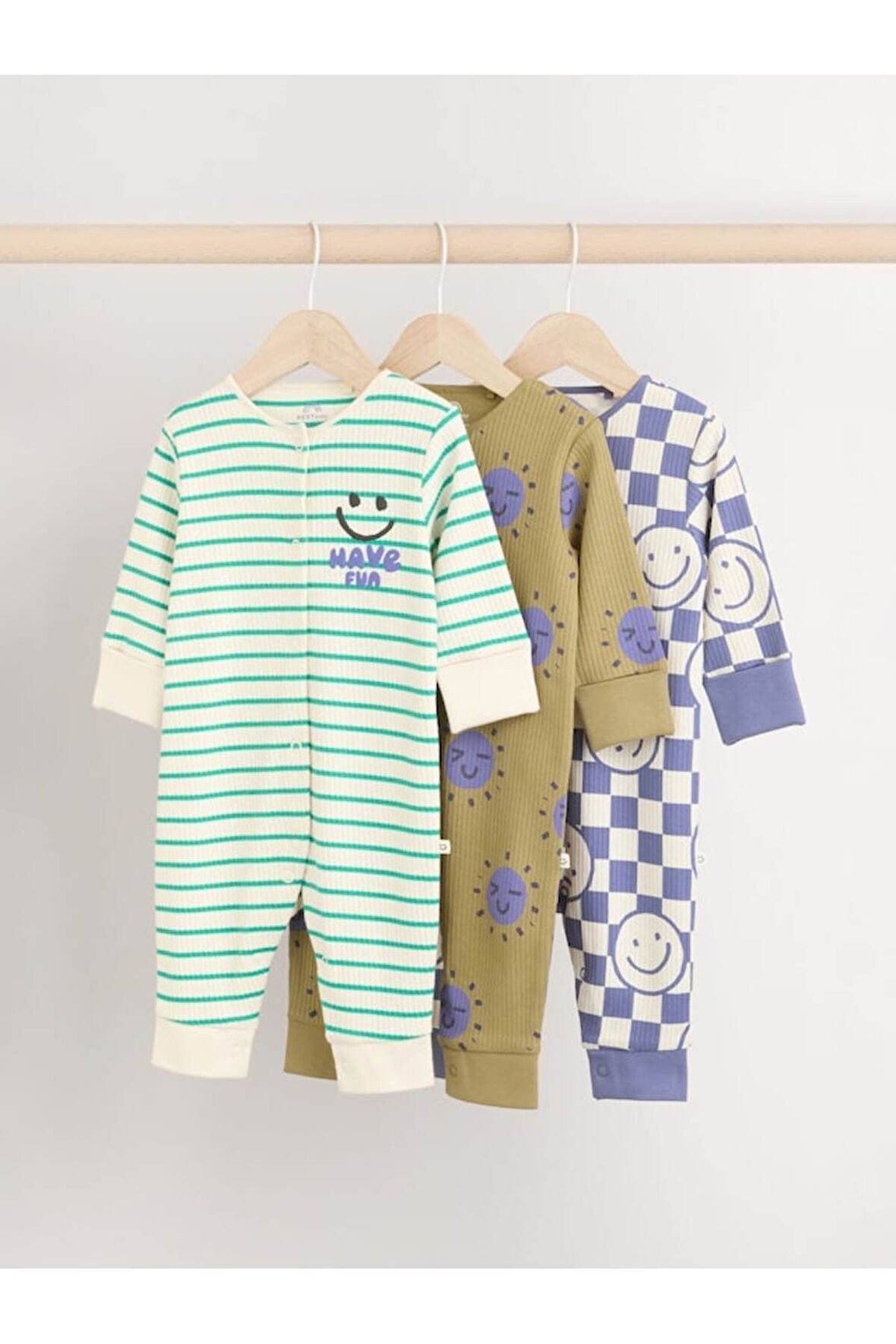 Next Baby %100 Pamuklu Mavi Yeşil Çizgili Desenli 3'lü Tulum Set